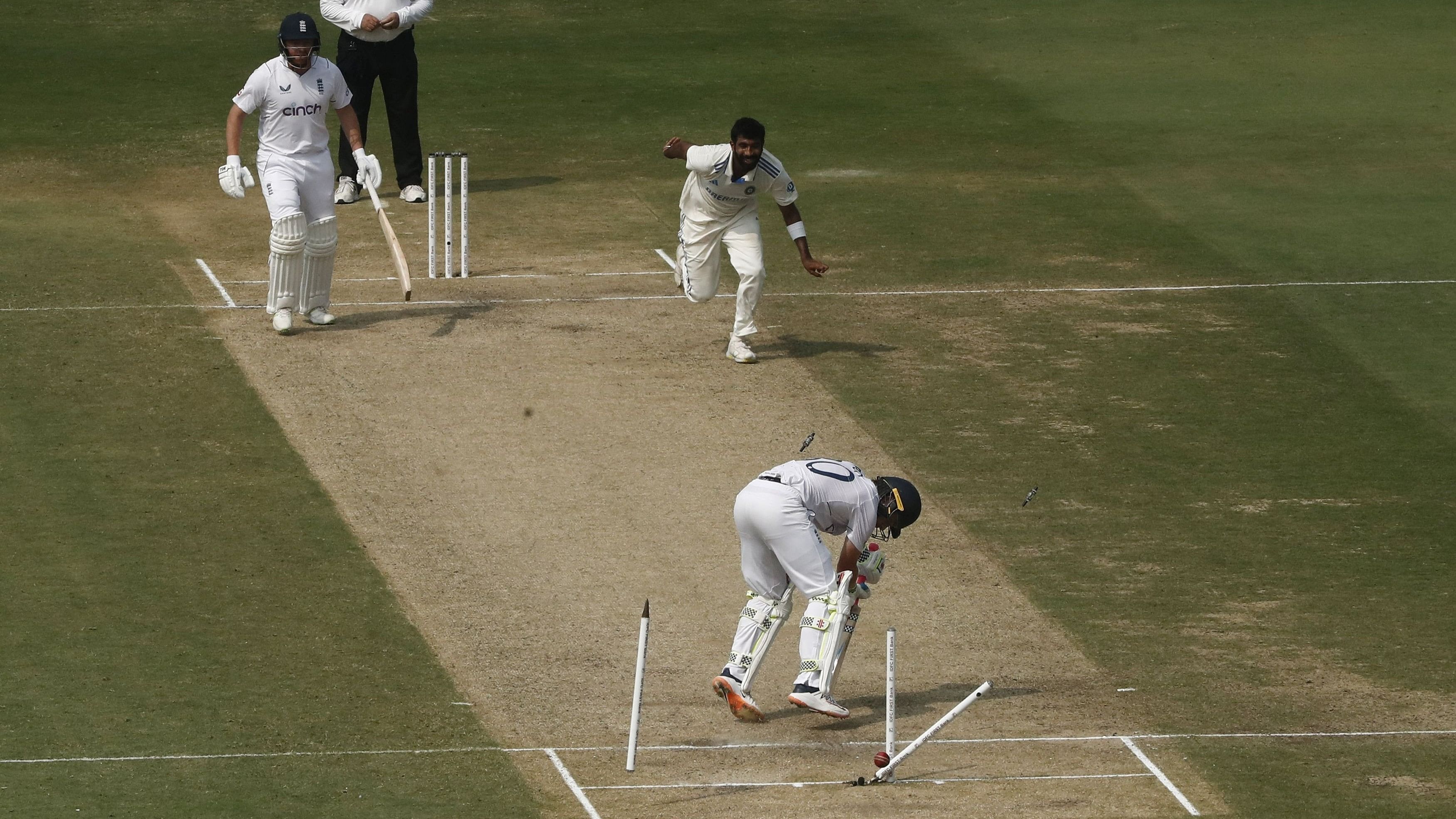 <div class="paragraphs"><p>Jasprit Bumrah destroys Ollie Pope's woodwork with a perfect yorker on the second day the second Test between India and England in Visakhapatnam on Saturday. </p></div>