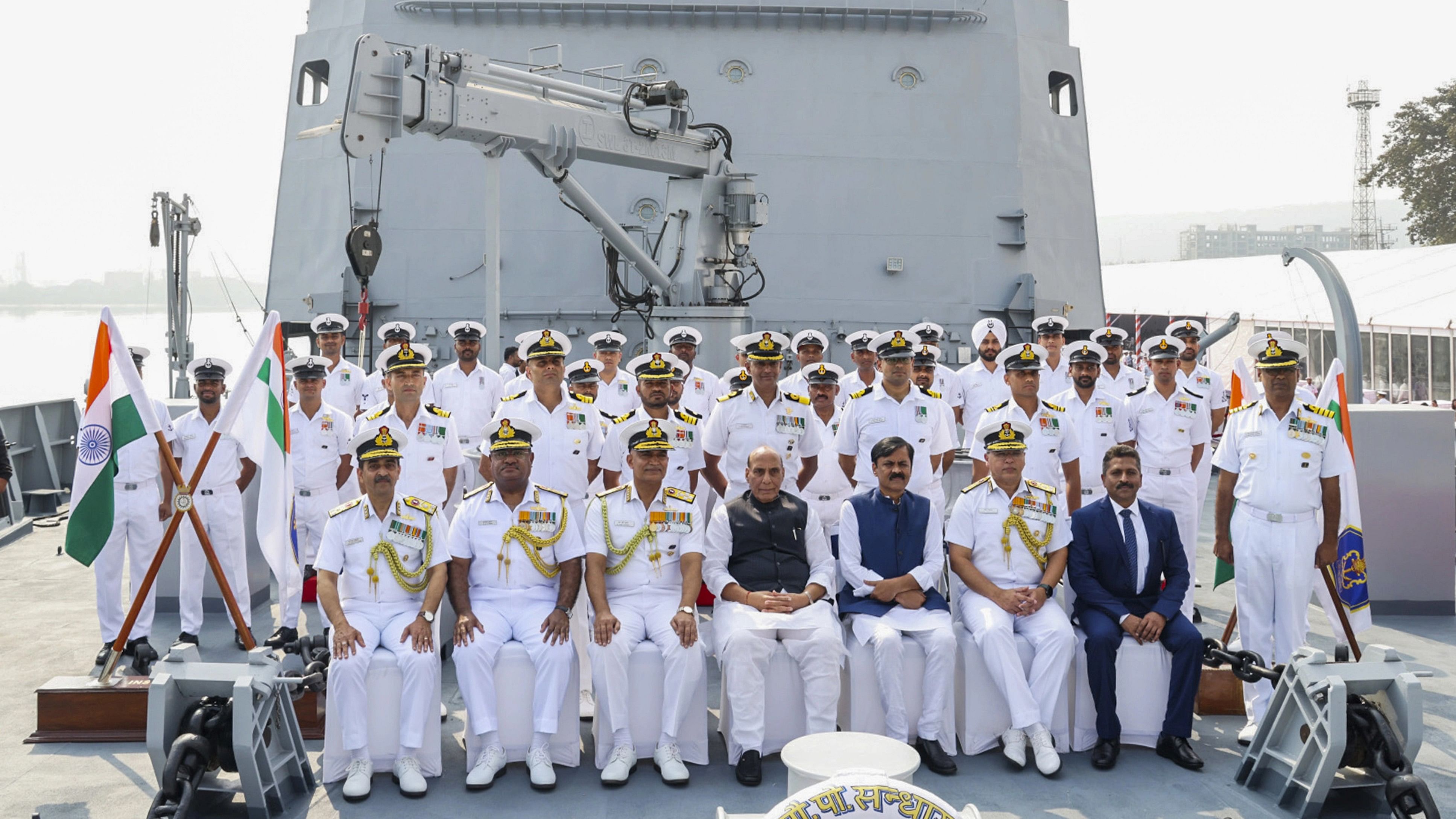 <div class="paragraphs"><p>Defence Minister Rajnath Singh with Chief of the Naval Staff Admiral R. Hari Kumar during the commissioning ceremony of INS Sandhayak, at the Naval dockyard in Visakhapatnam, Saturday, Feb. 3, 2024. </p></div>