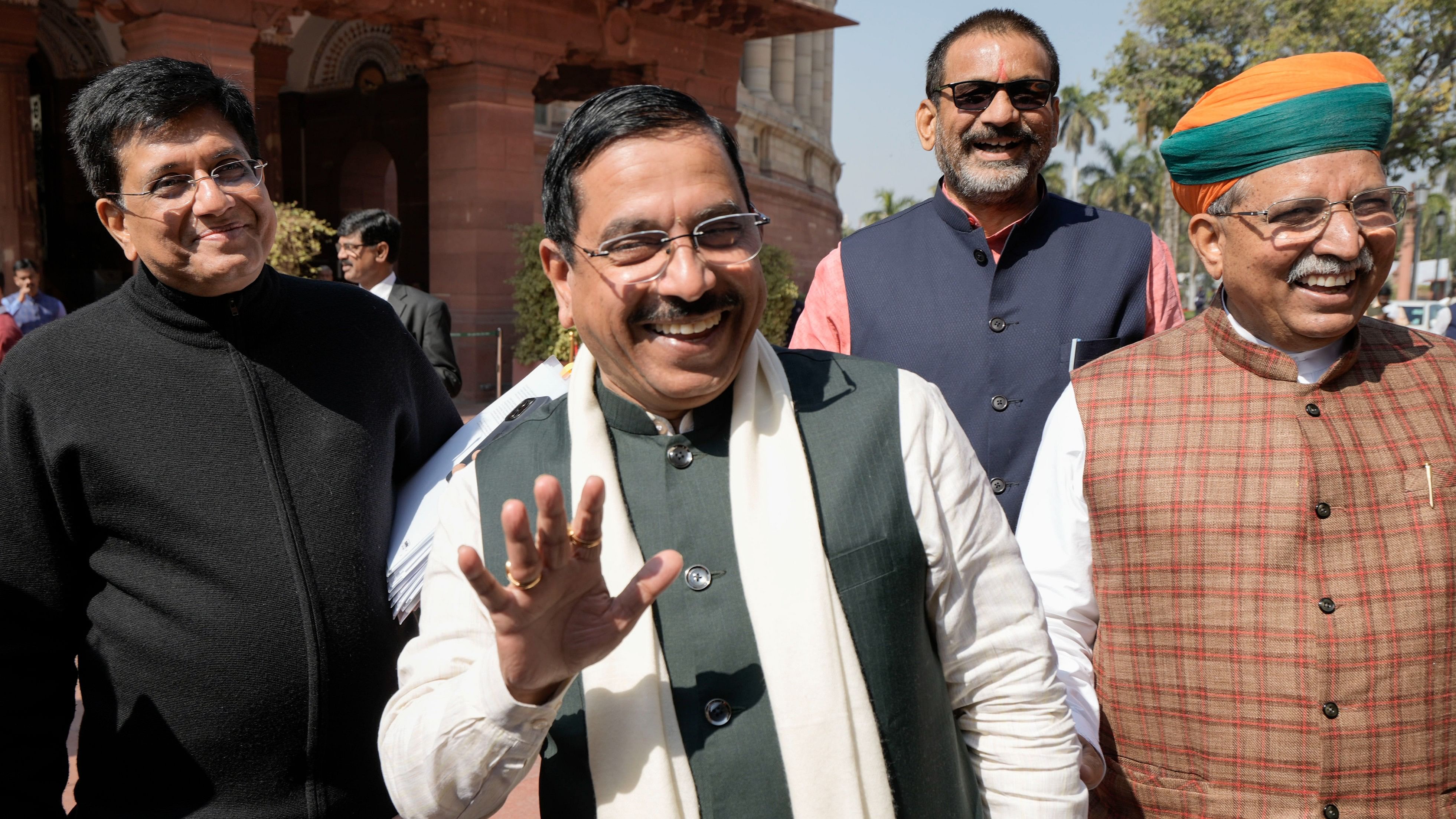 <div class="paragraphs"><p>Union Ministers Pralhad Joshi (centre), Piyush Goyal (left) and Arjun Ram Meghwal at the Parliament House during the Budget session in New Delhi on Tuesday</p></div>