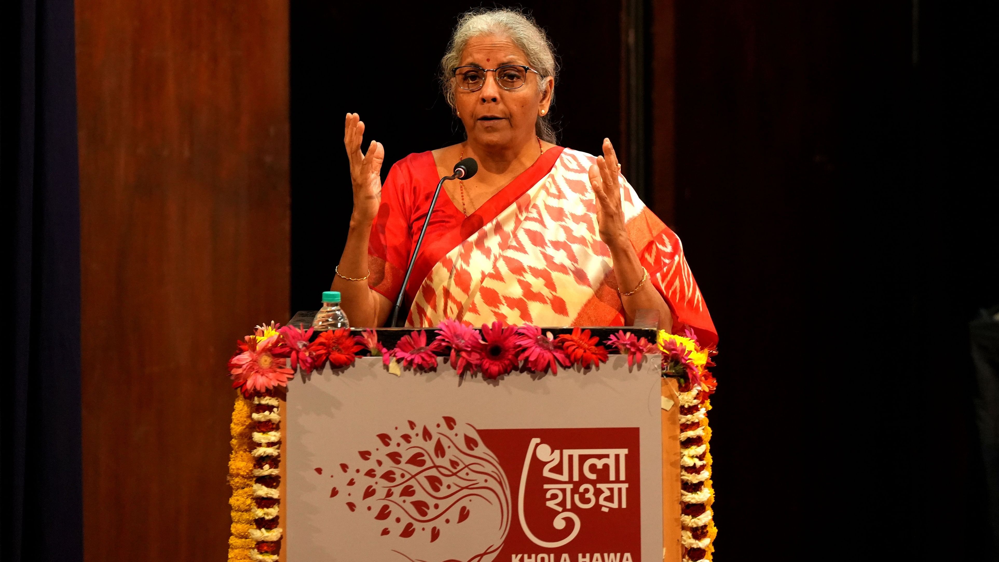 <div class="paragraphs"><p>Union Finance Minister Nirmala Sitharaman speaks during a talk on 'Vikshit Bharat and Eastern India', at the National Library in Kolkata, Tuesday, February 27, 2024.   </p></div>