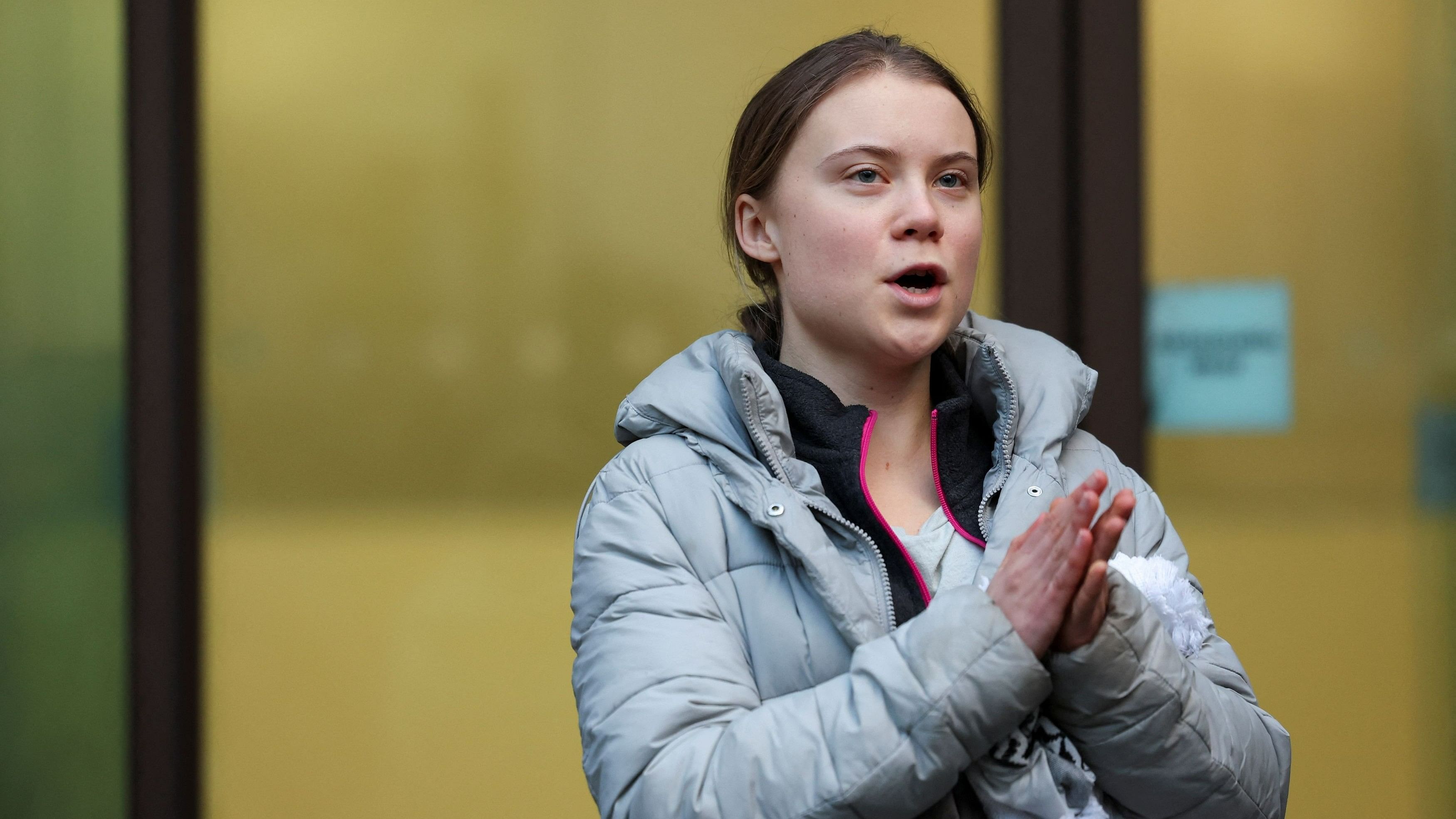 <div class="paragraphs"><p>Climate activist Greta Thunberg gestures outside Westminster Magistrates' Court, after she was cleared of a public order offence over a protest outside an oil and gas conference last year, in London, Britain, February 2, 2024.</p></div>