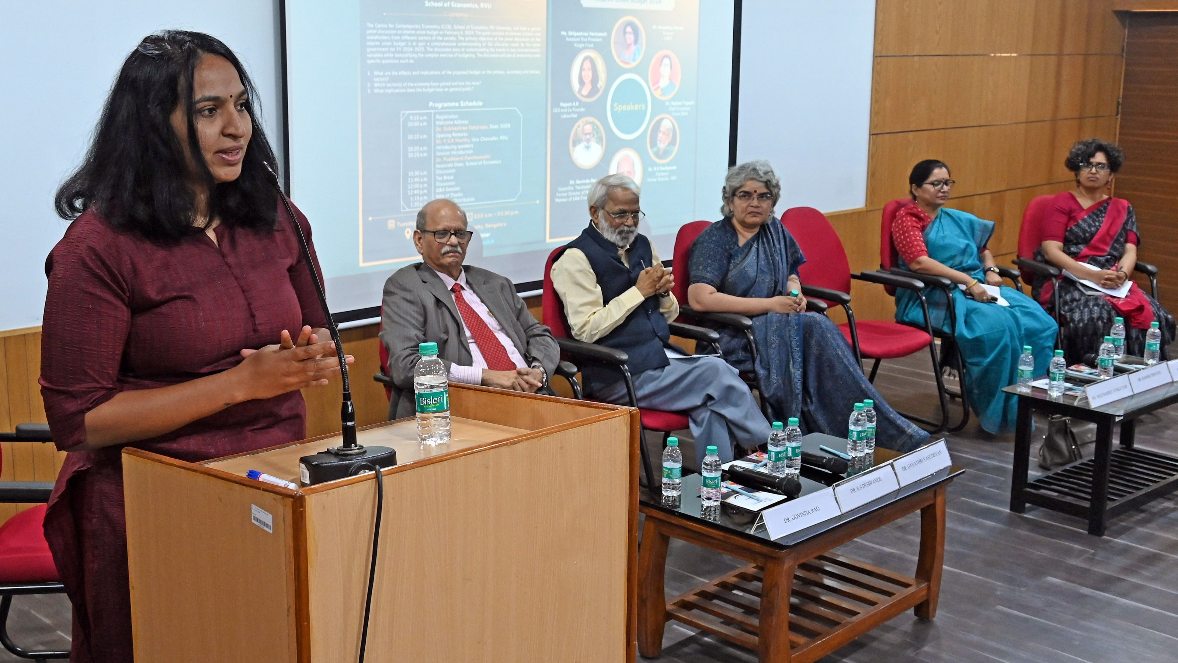 A panel discussion on the interim Union budget at RV University in Bengaluru on Tuesday. DH PHOTO/PUSHKAR V