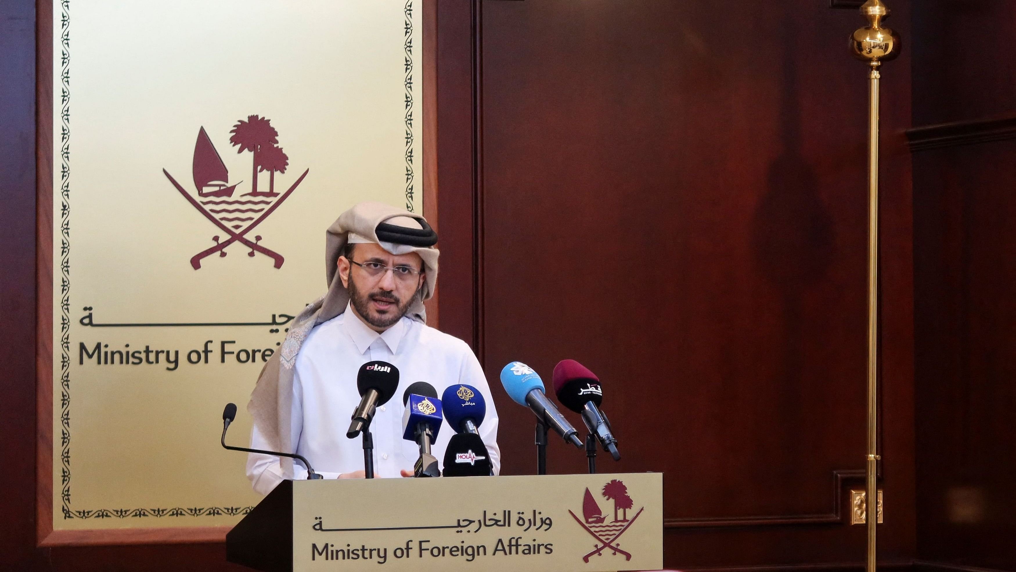 <div class="paragraphs"><p>Qatar's foreign ministry spokesman Majed Al Ansari, speaks during a weekly press briefing at the Ministry of Foreign Affairs in Doha on February 20.</p></div>