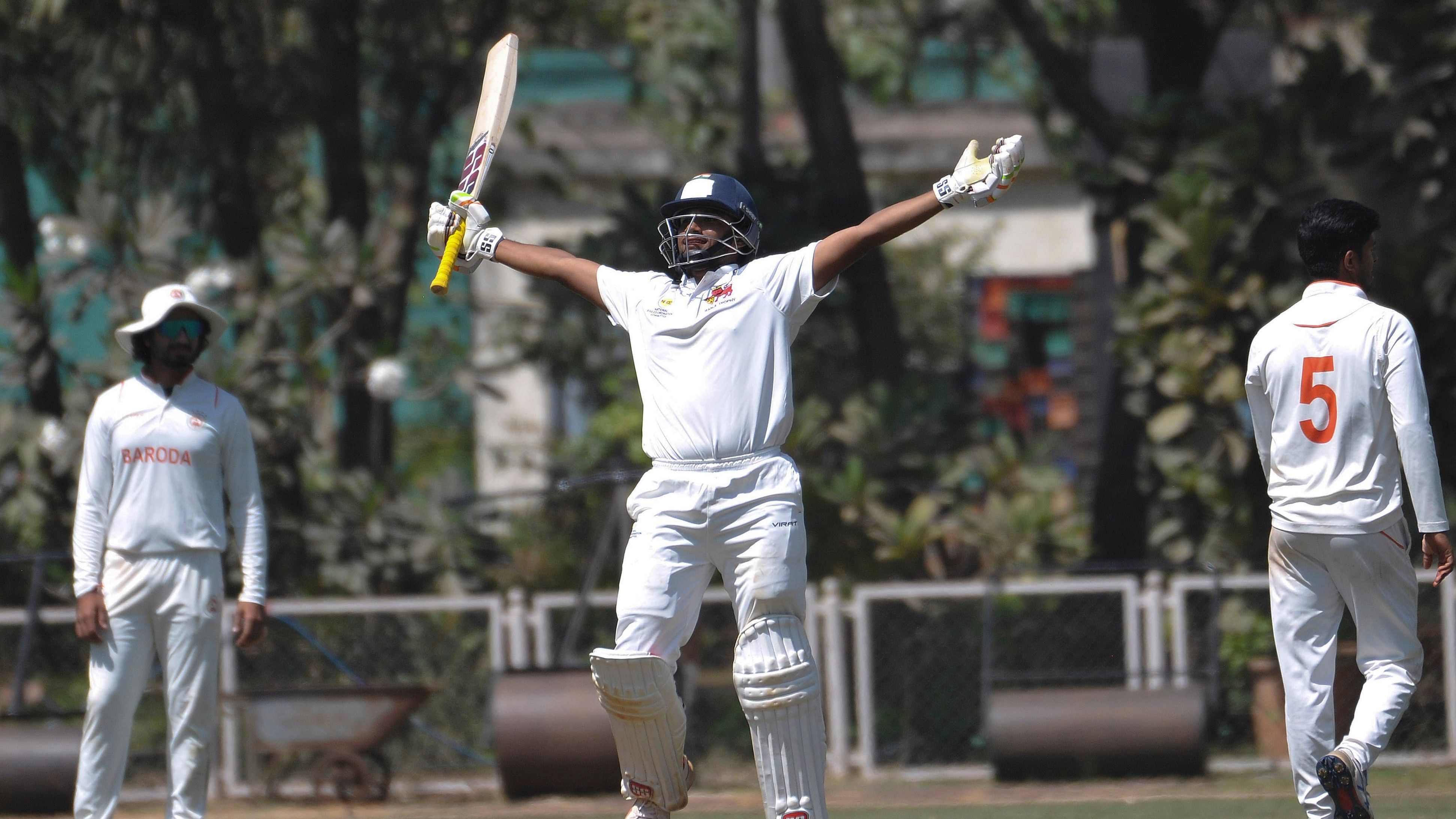 <div class="paragraphs"><p>File Photo: Mumbai's Musheer Khan celebrates his maiden double century on the second day of a Ranji Trophy quarter-final cricket match between Mumbai and Baroda, at the BKC Ground, in Mumbai, Saturday, Feb. 24, 2024. </p></div>