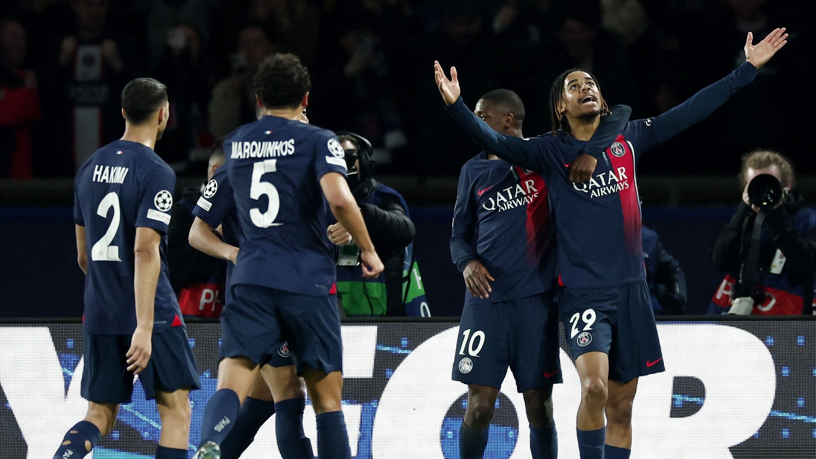 <div class="paragraphs"><p>Paris St Germain's Bradley Barcola celebrates after scoring against Real Sociedad.</p></div>