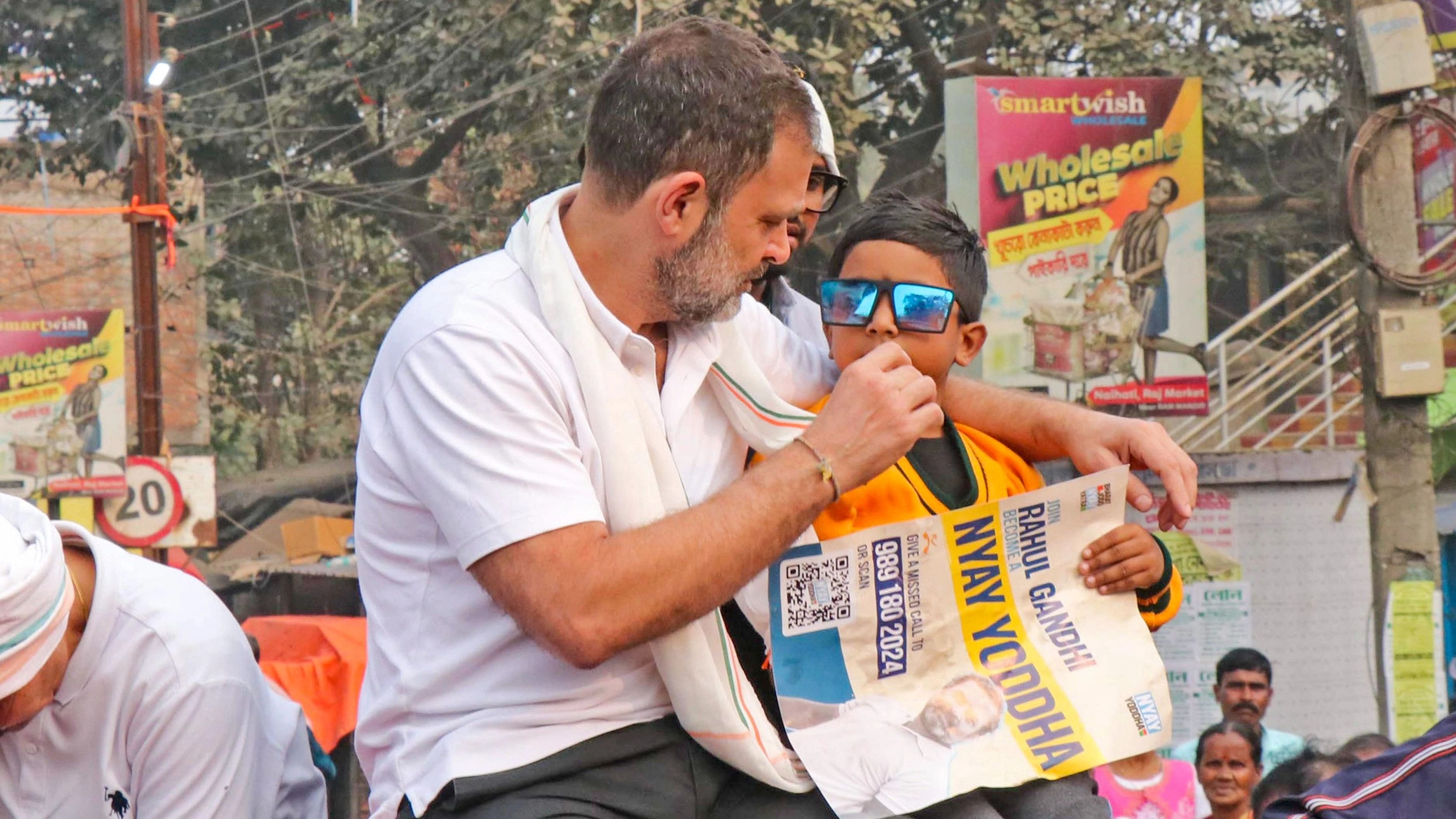 <div class="paragraphs"><p>Rahul Gandhi interacts with a boy during the Bharat Jodo Nyay Yatra in&nbsp;Birbhum.</p></div>