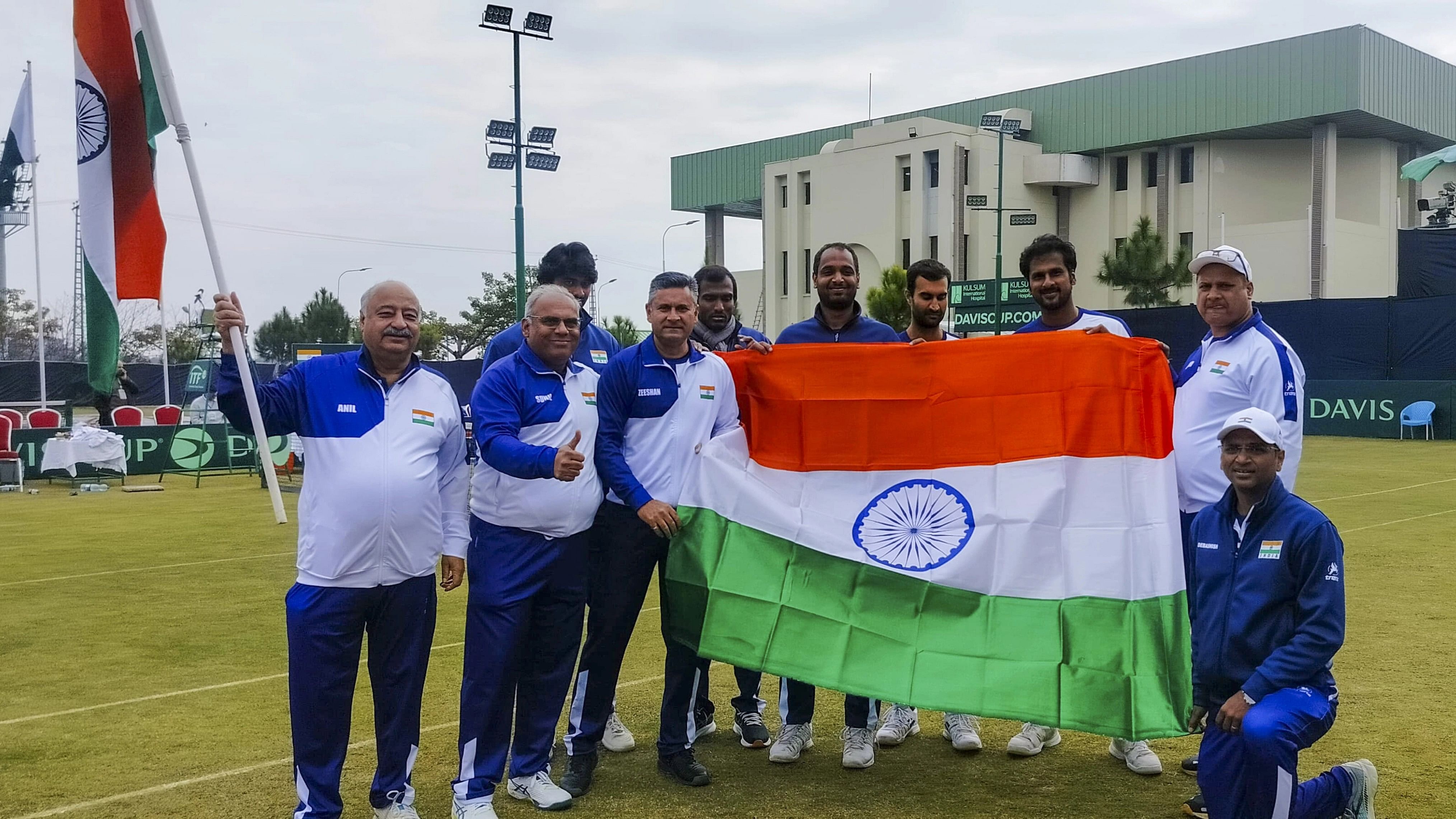 <div class="paragraphs"><p>Islamabad: Indian team poses for photos after India's Yuki Bhambri and Saketh Myneni beat Pakistani duo Aqeel Khan and Muzammil Murtaza in doubles game during the Davis Cup 2024 tennis match, in Islamabad, Sunday, Feb. 4, 2024.  </p></div>