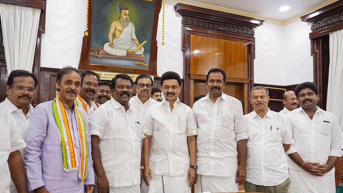 <div class="paragraphs"><p>Tamil Nadu Chief Minister MK Stalin with newly appointed TNCC President K Selvaperunthagai (3rd L) during the Budget session of the Assembly, in Chennai.&nbsp;</p></div>