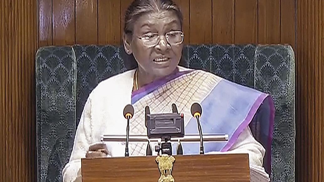 <div class="paragraphs"><p>File photo of President Droupadi Murmu addresses the joint session of Parliament on the opening day of the Budget session, in New Delhi.&nbsp;</p></div>