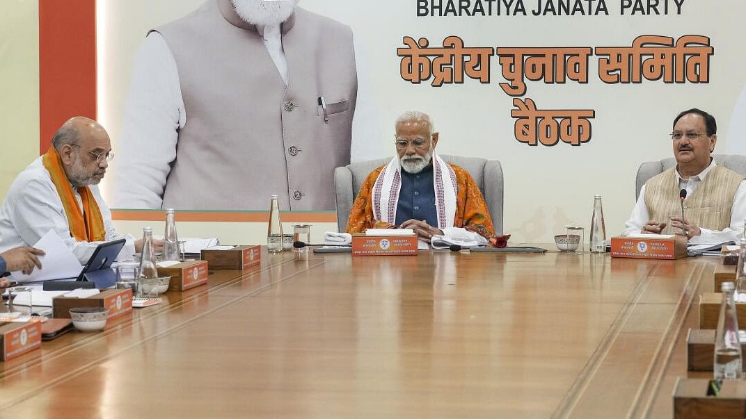 <div class="paragraphs"><p>Prime Minister Narendra Modi with Union Home Minister Amit Shah, BJP National President JP Nadda and others during the BJP's Central Election Committee (CEC) meeting to finalise the first list of candidates for the upcoming Lok Sabha polls, in New Delhi.</p></div>