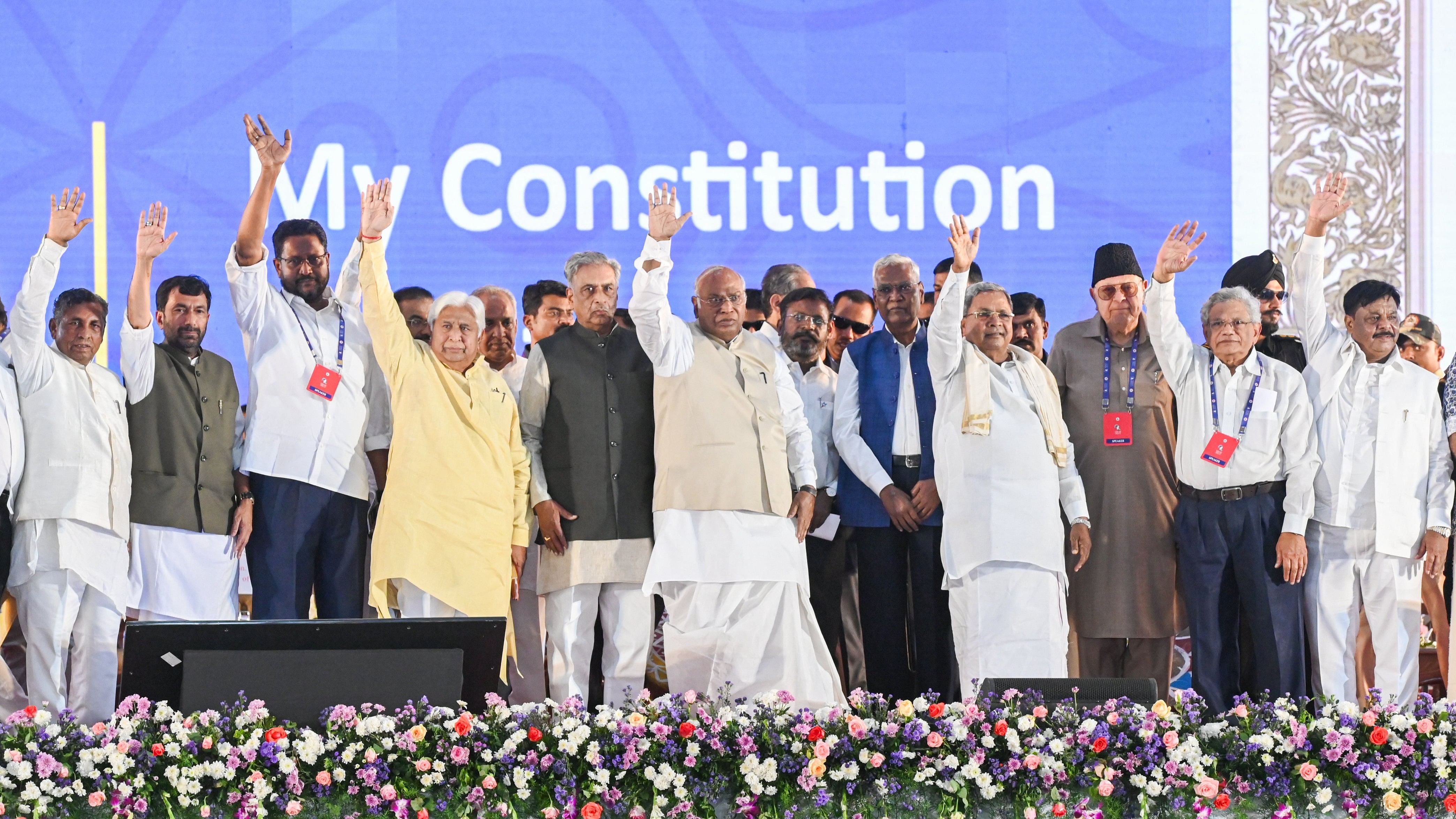 <div class="paragraphs"><p>Ministers K H Muniyappa, H K Patil, Legislative Council chairman Basavaraj Horatti, Congress president Mallikarjun Kharge, CPI leader D Raja, Chief Minister Siddaramaiah, National Conference leader Farooq Abdullah,&nbsp;CPM general secretary Sitaram Yechury, Minister H C Mahadevappa and others take part in the&nbsp;valedictory of the ‘Constitution and National Unity Convention’ in the city on Sunday. </p></div>