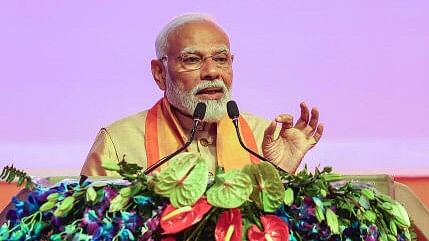<div class="paragraphs"><p>Prime Minister Narendra Modi speaks during the 4th groundbreaking ceremony of UP Global Investors' Summit, in Lucknow, Monday, Feb 19.</p></div>