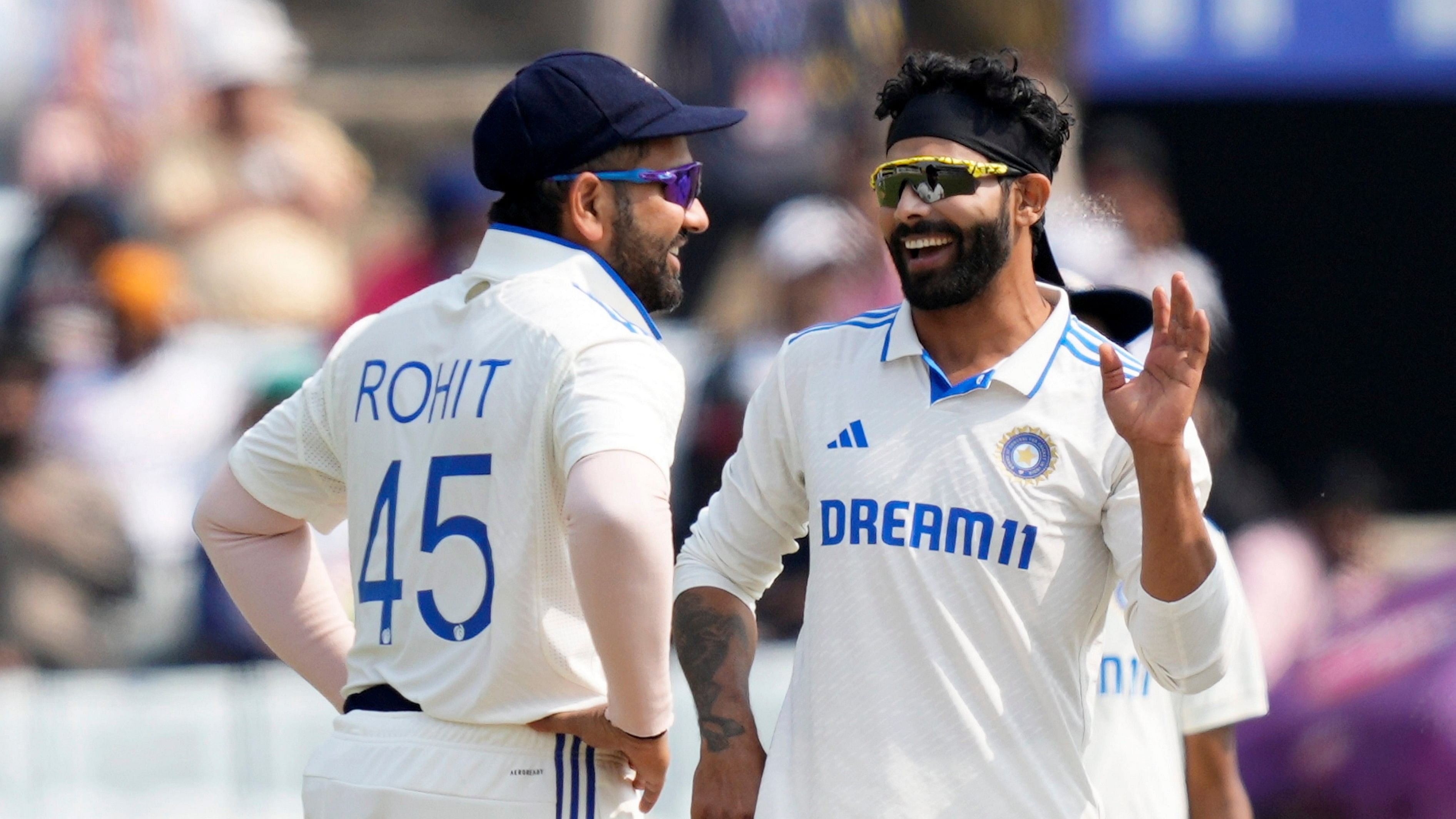 <div class="paragraphs"><p>Ranchi: India's bowler Ravindra Jadeja with captain Rohit Sharma celebrates the wicket of England's batter Ollie Robinson during the second day of the fourth Test cricket match between India and England, in Ranchi, Saturday, Feb. 24, 2024.</p></div>