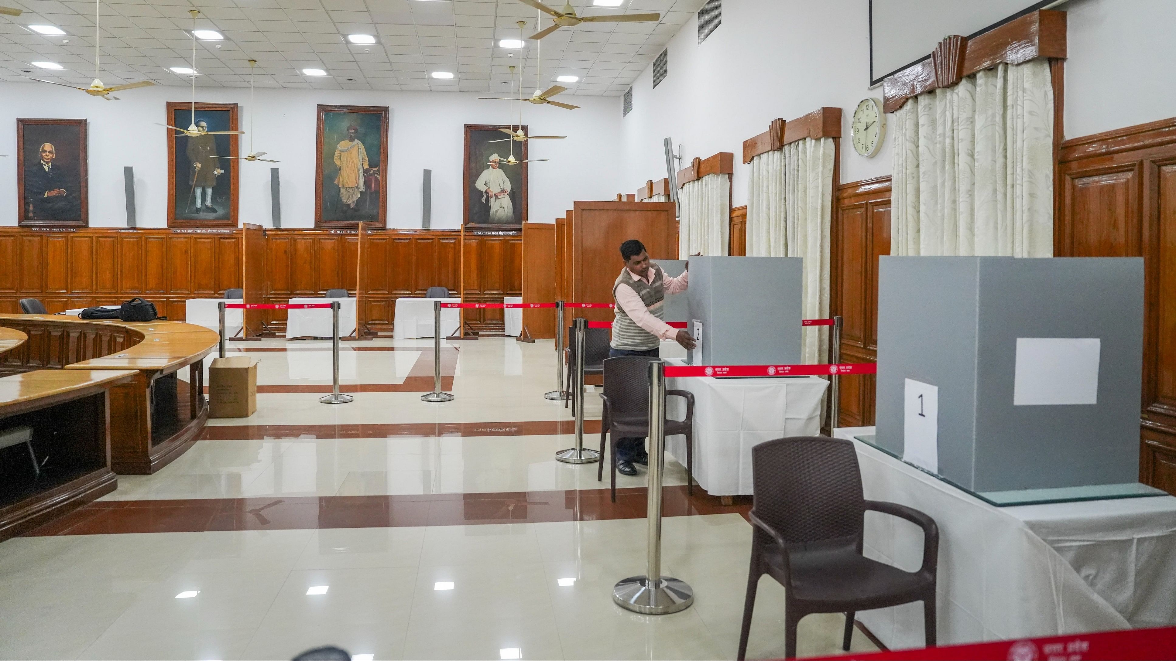 <div class="paragraphs"><p>Preparations under way for the Rajya Sabha election, at the Uttar Pradesh Vidhan Sabha, in Lucknow.</p></div>