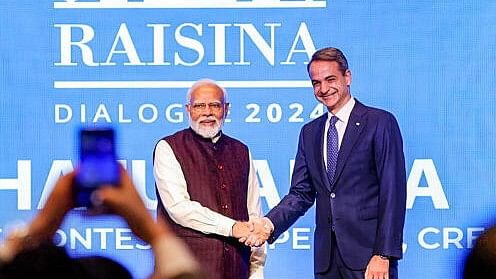 <div class="paragraphs"><p>Prime Minister Narendra Modi with Prime Minister of Greece Kyriakos Mitsotakis during the Raisina Dialogue 2024, in New Delhi.</p></div>