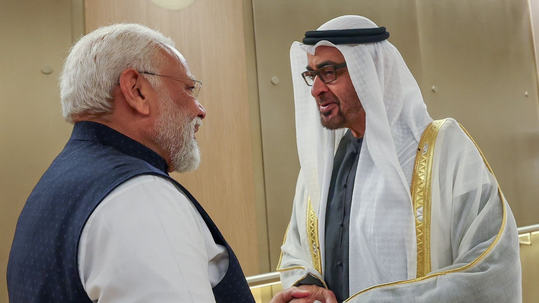 <div class="paragraphs"><p>Prime Minister Narendra Modi greeted by&nbsp;UAE President Mohammed bin Zayed Al Nahyan in Abu Dhabi on February 13.</p></div>