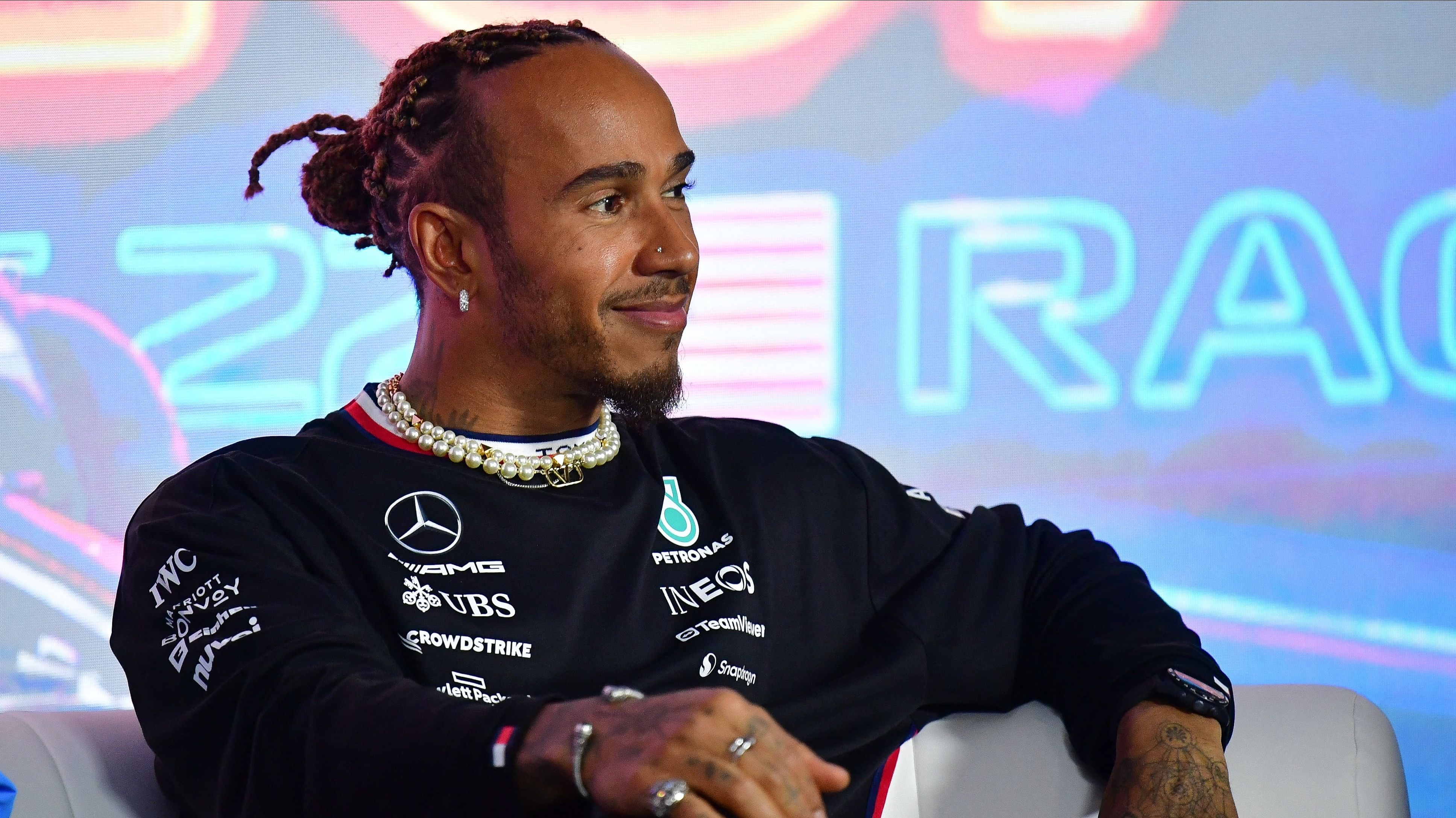 <div class="paragraphs"><p> Lewis Hamilton of Great Britain during media availabilities at Las Vegas Strip Circuit. </p></div>