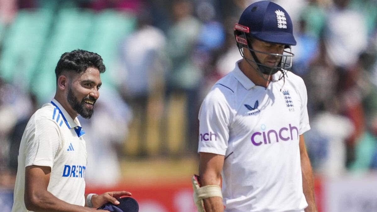 <div class="paragraphs"><p>Mohammed Siraj celebrates the wicket of England's James Anderson during the 3rd day of the 3rd cricket test match between India and England, at Niranjan Shah Stadium, in Rajkot</p></div>