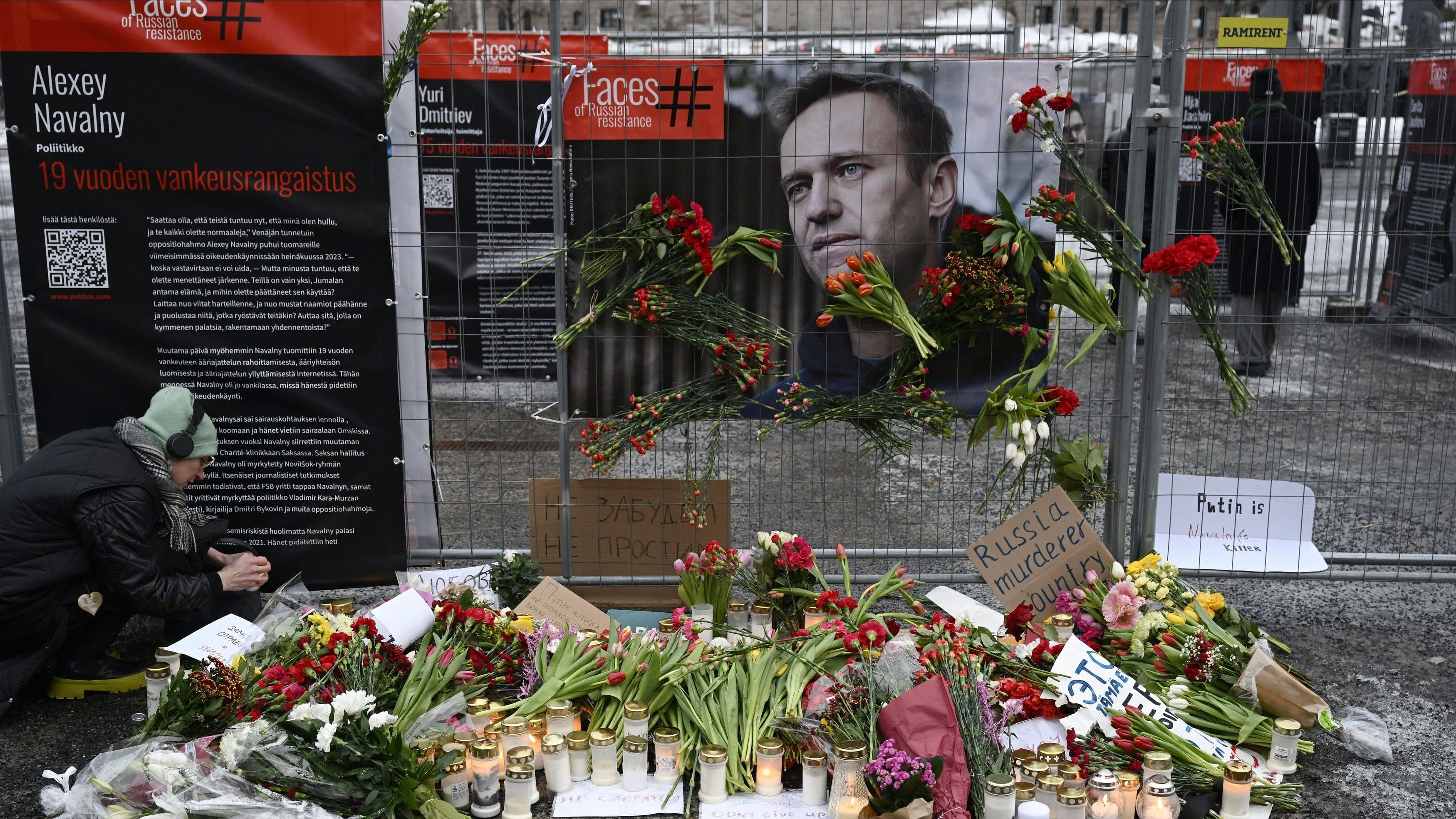 <div class="paragraphs"><p>Tributes are laid at a makeshift memorial, following the death of Russian opposition leader Alexei Navalny, in Helsinki, Finland, February 17, 2024. </p></div>
