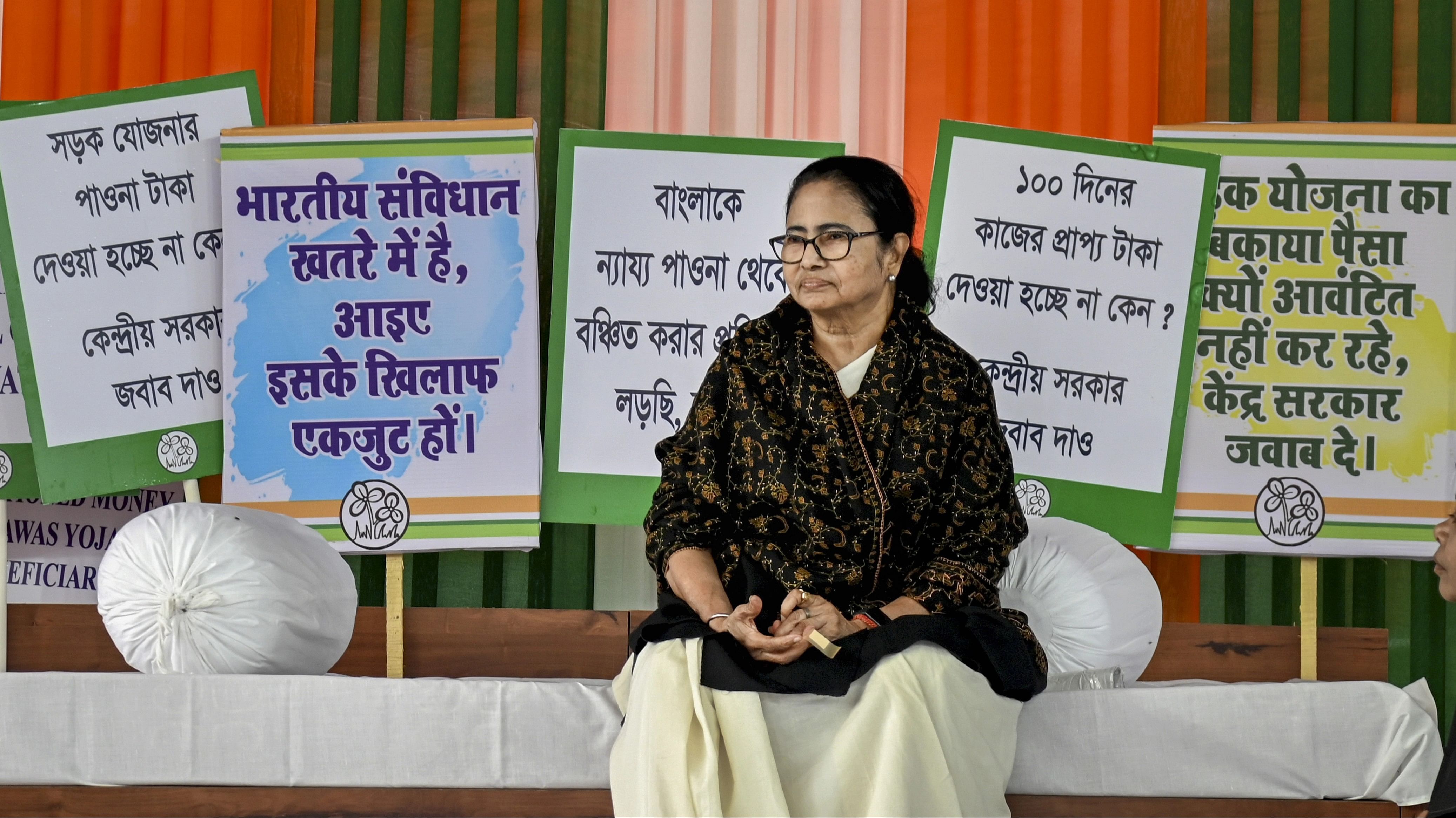 <div class="paragraphs"><p>West Bengal Chief Minister and Trinamool Congress supremo Mamata Banerjee during her 'dharna' against the central government, at Red Road in Kolkata, Friday, February 2, 2024. </p></div>