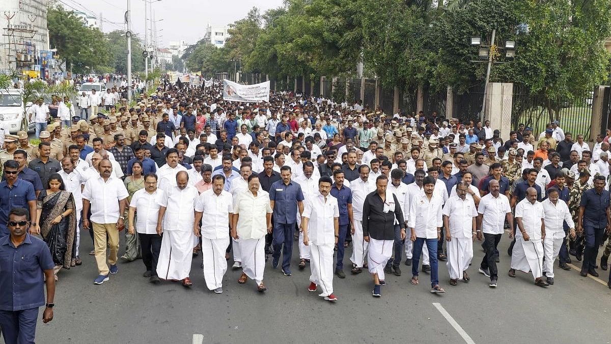 <div class="paragraphs"><p>Tamil Nadu CM MK Stalin leads a procession to pay tribute at the memorial of former Tamil Nadu CM CN Annadurai on his 54th death anniversary in Chennai.</p></div>