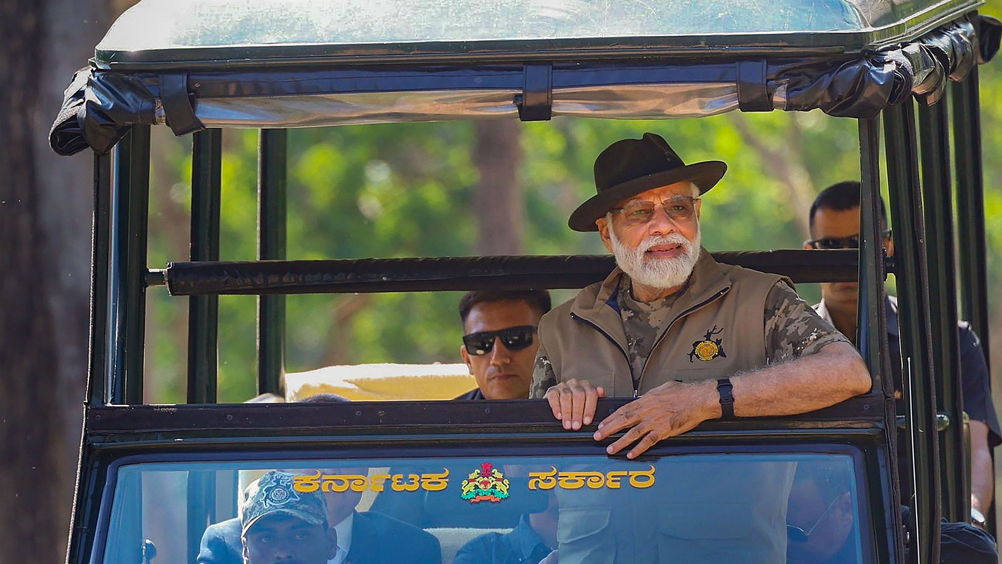 <div class="paragraphs"><p>A file photo of&nbsp;Prime Minister Narendra Modi takes jungle safari at Bandipur Tiger Reserve, in Chamarajnagar district.&nbsp;</p></div>