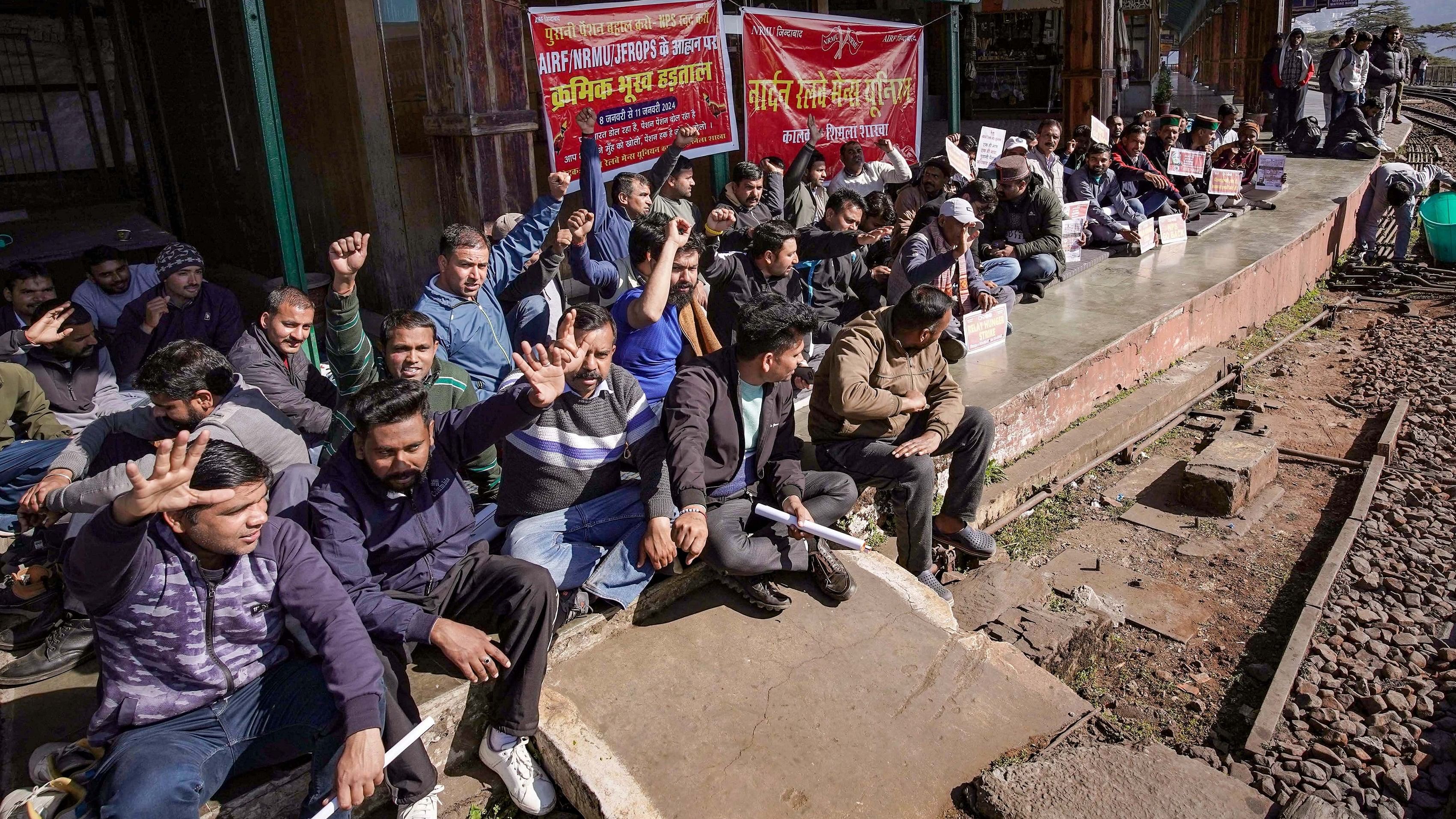 <div class="paragraphs"><p>Members of Northern Railway Mens Union during a protest demanding the restoration of the old pension scheme.</p></div>