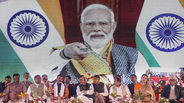 <div class="paragraphs"><p>Prime Minister Narendra Modi virtually inaugurates&nbsp;revamped Gomti Nagar railway station, in Lucknow, Monday, Feb. 26, 2024.</p></div>