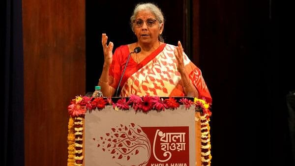 <div class="paragraphs"><p>Union Finance Minister Nirmala Sitharaman speaks during a talk on 'Vikshit Bharat and Eastern India', at the National Library in Kolkata, Tuesday, Feb. 27, 2024.</p></div>