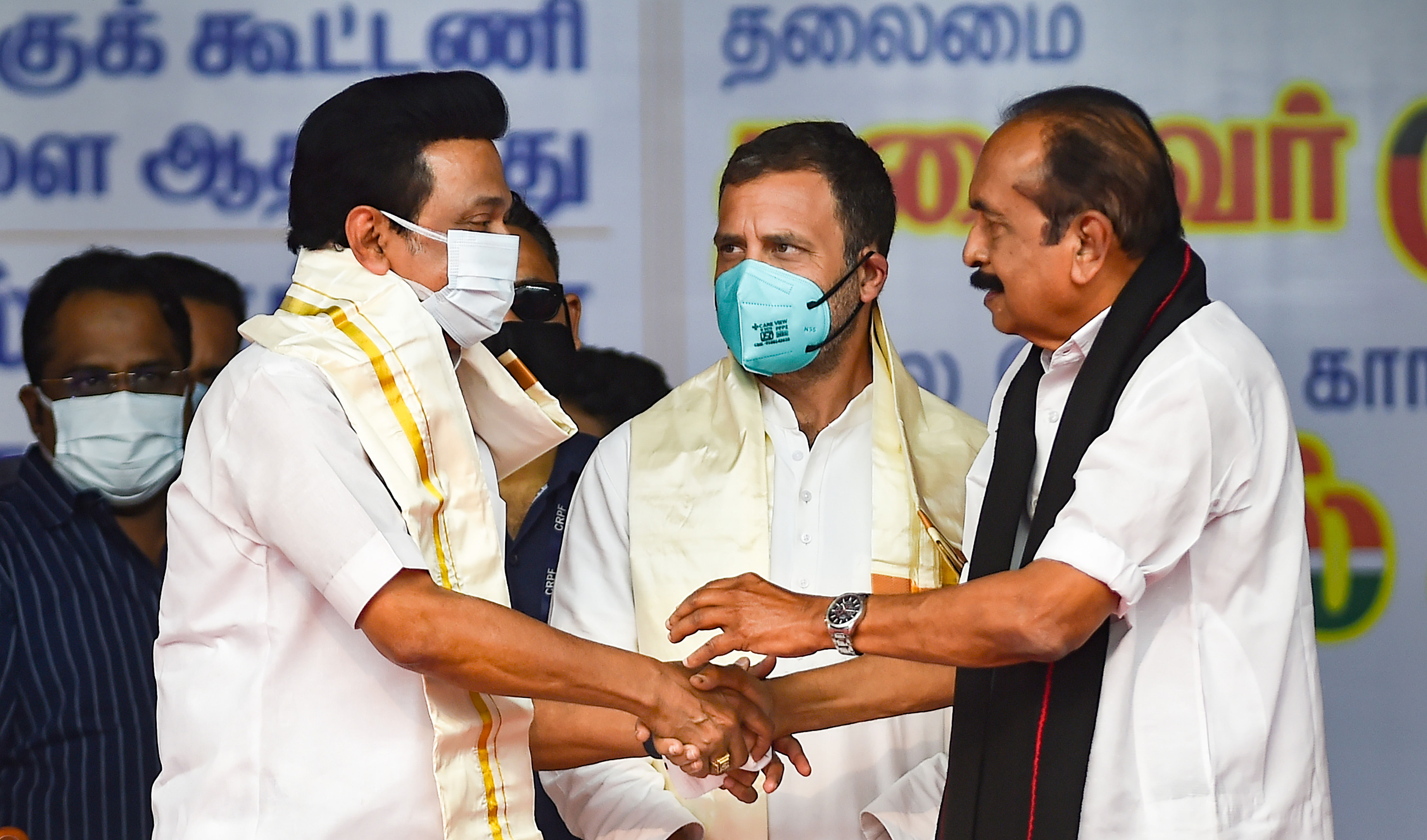 <div class="paragraphs"><p>A file phot of&nbsp;DMK president MK Stalin being greeted by MDMK general Secretary Vaiko as Congress leader Rahul Gandhi looks on during a public meeting in Tamil Nadu.&nbsp;</p></div>