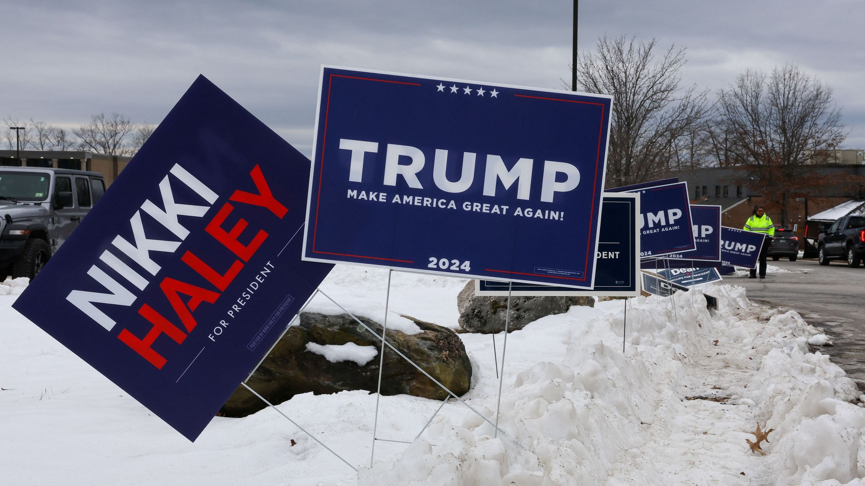 <div class="paragraphs"><p>A file photo of the Campaign signs of Republican presidential candidate and former US Ambassador to the United Nations Nikki Haley and former US President and Republican presidential candidate Donald Trump </p></div>