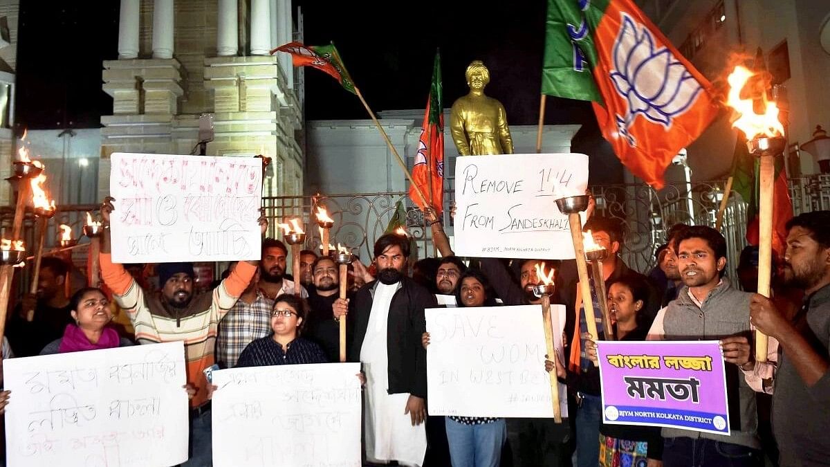 <div class="paragraphs"><p>Activists of BJP Yuva Morcha stage a protest against TMC workers who allegedly disrespected the modesty of women in Sandeshkhali, in Kolkata.</p></div>