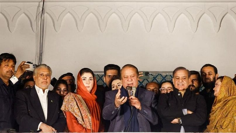 <div class="paragraphs"><p>Former PM of Pakistan Nawaz Sharif, his daughter and politician Maryam Nawaz Sharif, his brother and former Prime Minister Shahbaz Sharif, and former Information Minister Marriyum Aurangzeb gather at the party office of Pakistan Muslim League (N) at Model Town in Lahore.&nbsp;</p></div>