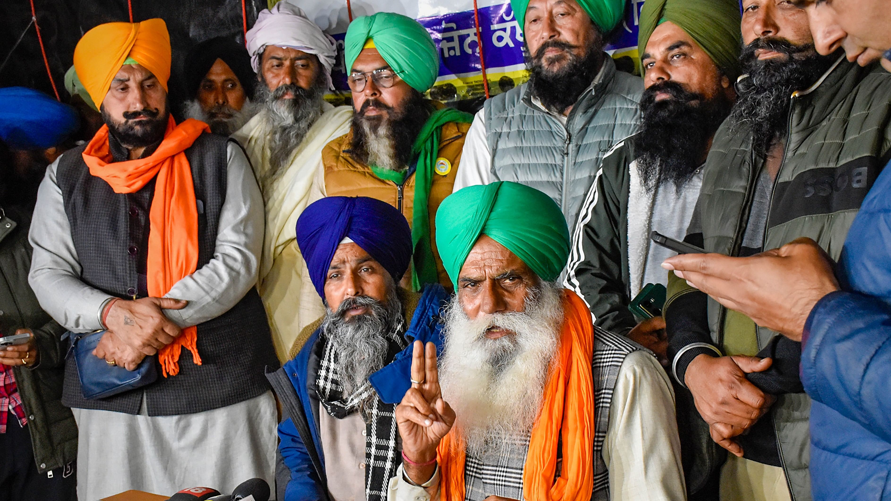 <div class="paragraphs"><p>Farmer leaders Sarwan Singh Pandher and Jagjit Singh Dallewal address the media at the Punjab-Haryana Shambhu border during the 'Dilli Chalo' protest march, in Patiala district, on Monday.</p></div>