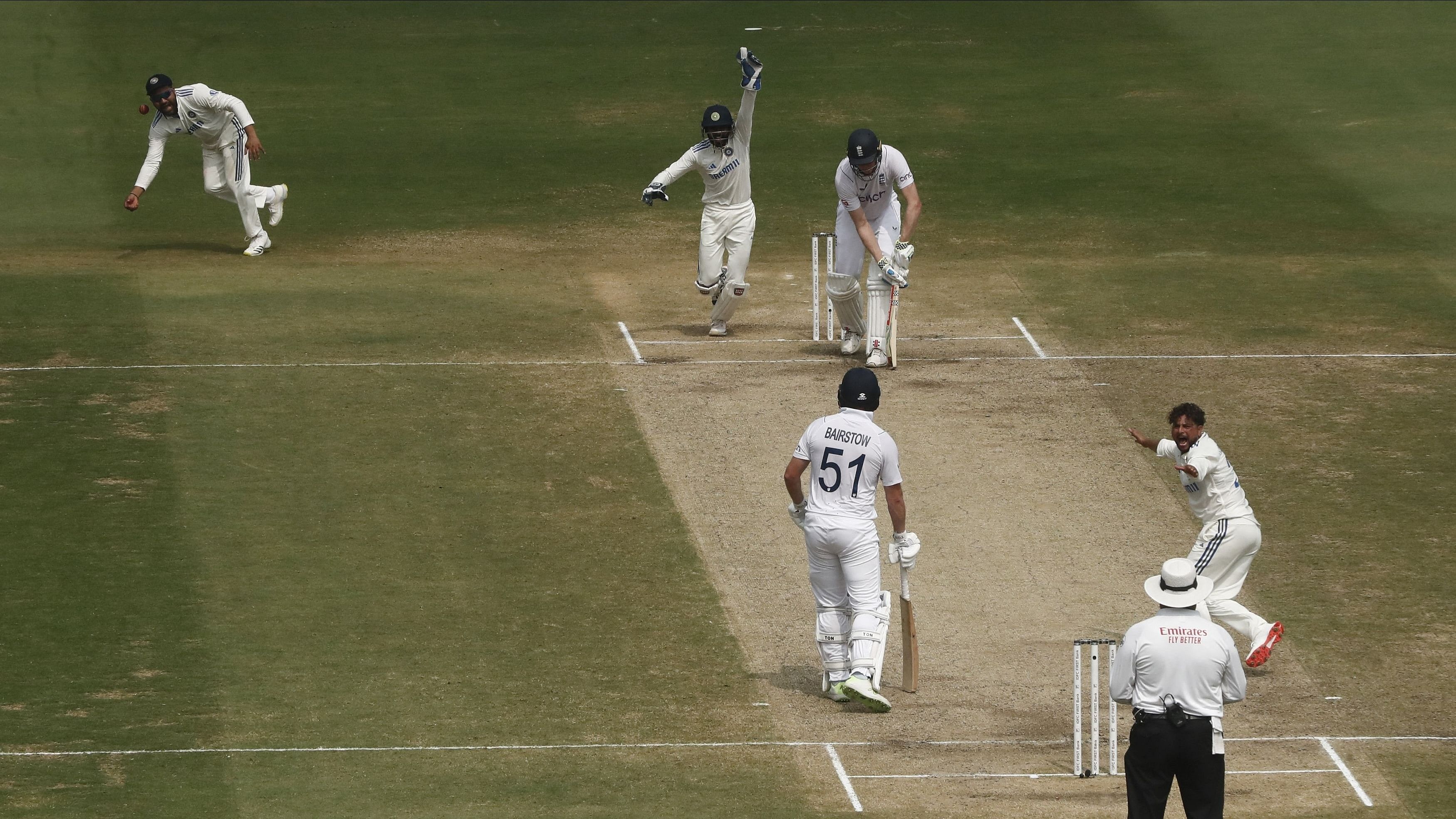 <div class="paragraphs"><p>India's Kuldeep Yadav appeals unsuccessfully before taking a DRS review for the lbw wicket of England's Zak Crawley.</p></div>