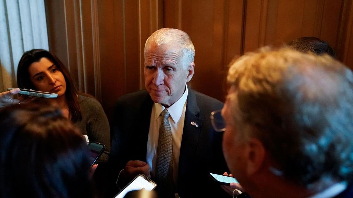 <div class="paragraphs"><p>US Senator Thom Tillis (R-NC) speaks to reporters during a vote regarding a bipartisan border security bill that would also provide aid to Ukraine and Israel, on Capitol Hill in Washington, US.</p></div>