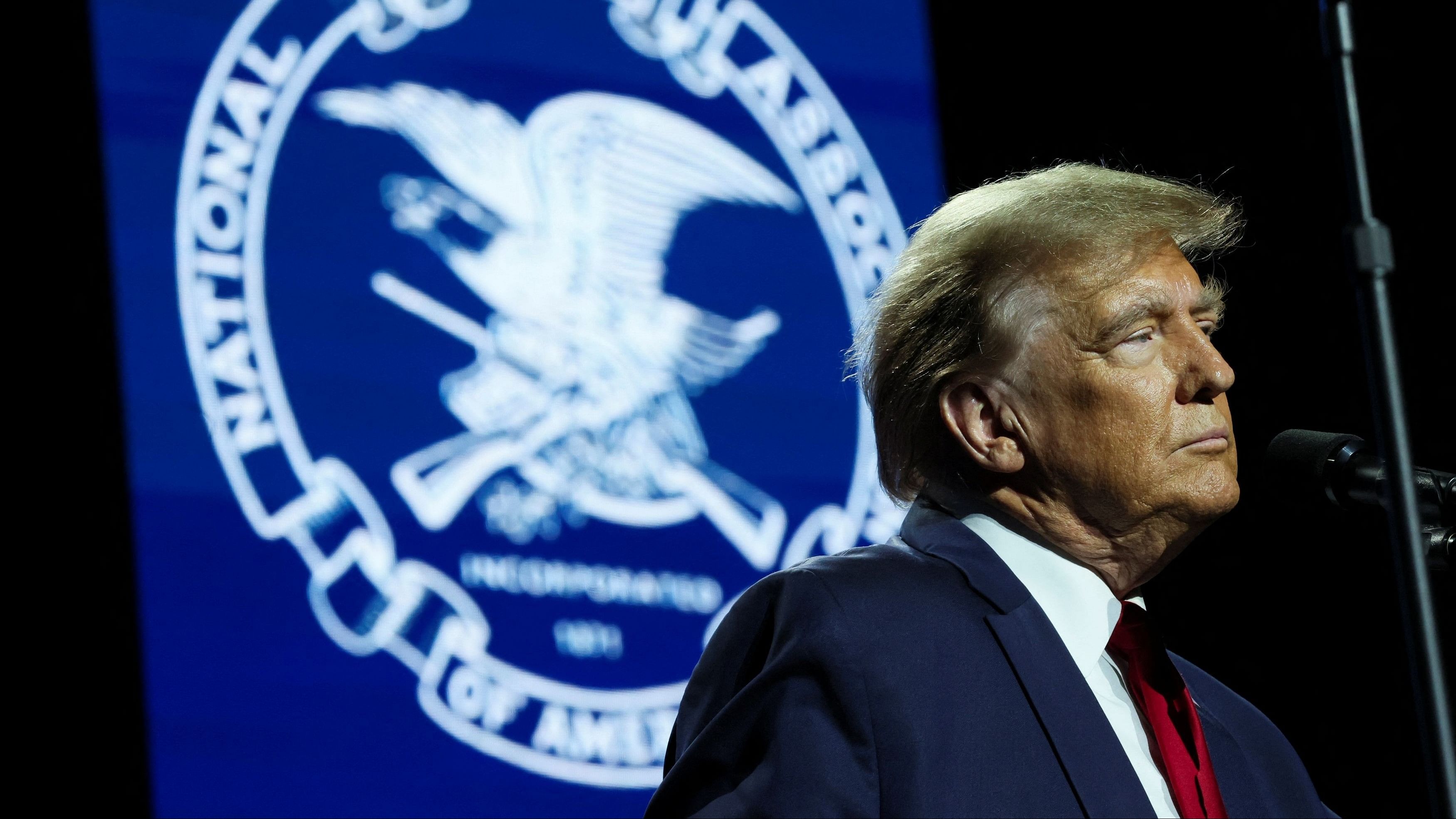 <div class="paragraphs"><p>Former US President and Republican presidential candidate Donald Trump speaks during the National Rifle Association  Presidential Forum at the Pennsylvania Farm Show Complex &amp; Expo Center, in Harrisburg, Pennsylvania, US, February 9, 2024. </p></div>