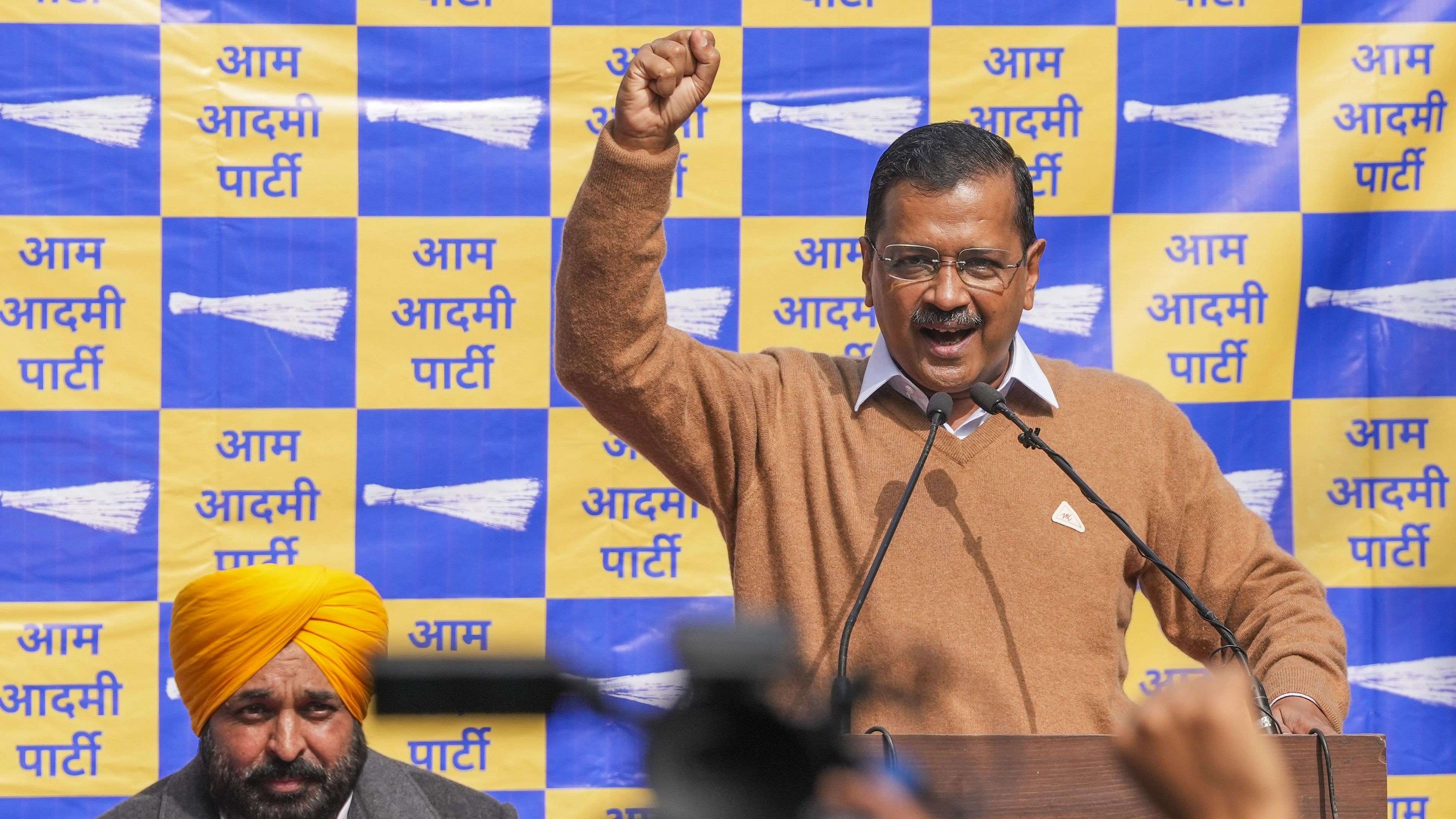 <div class="paragraphs"><p>New Delhi: Delhi Chief Minister Arvind Kejriwal addresses a gathering during AAP protest, in New Delhi, Friday, Jan. 2, 2024. Punjab CM Bhagwant Mann is also seen.</p></div>