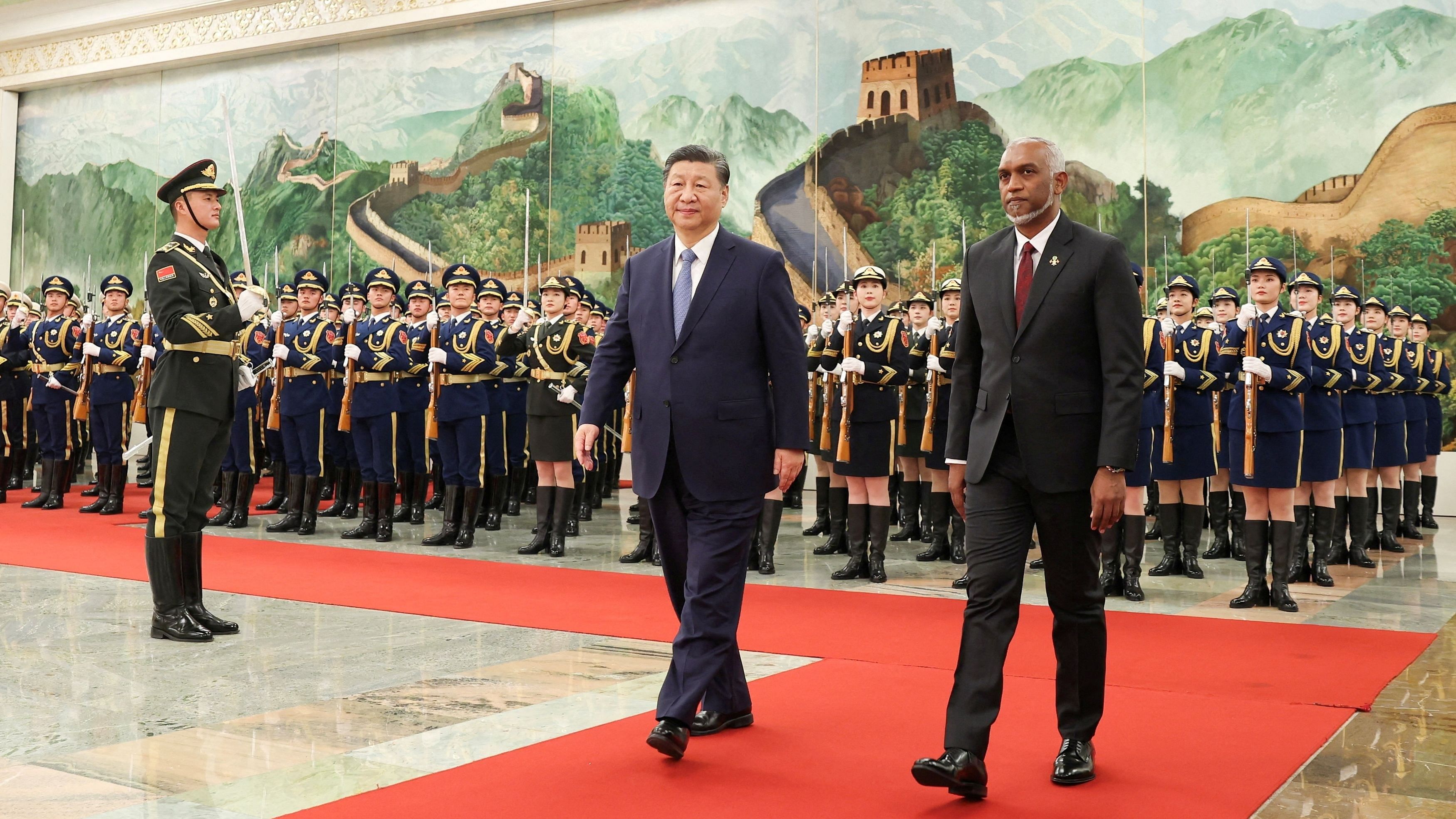 <div class="paragraphs"><p>Chinese President Xi Jinping and Maldivian President Mohamed Muizzu at a welcome ceremony in Beijing in January. </p></div>