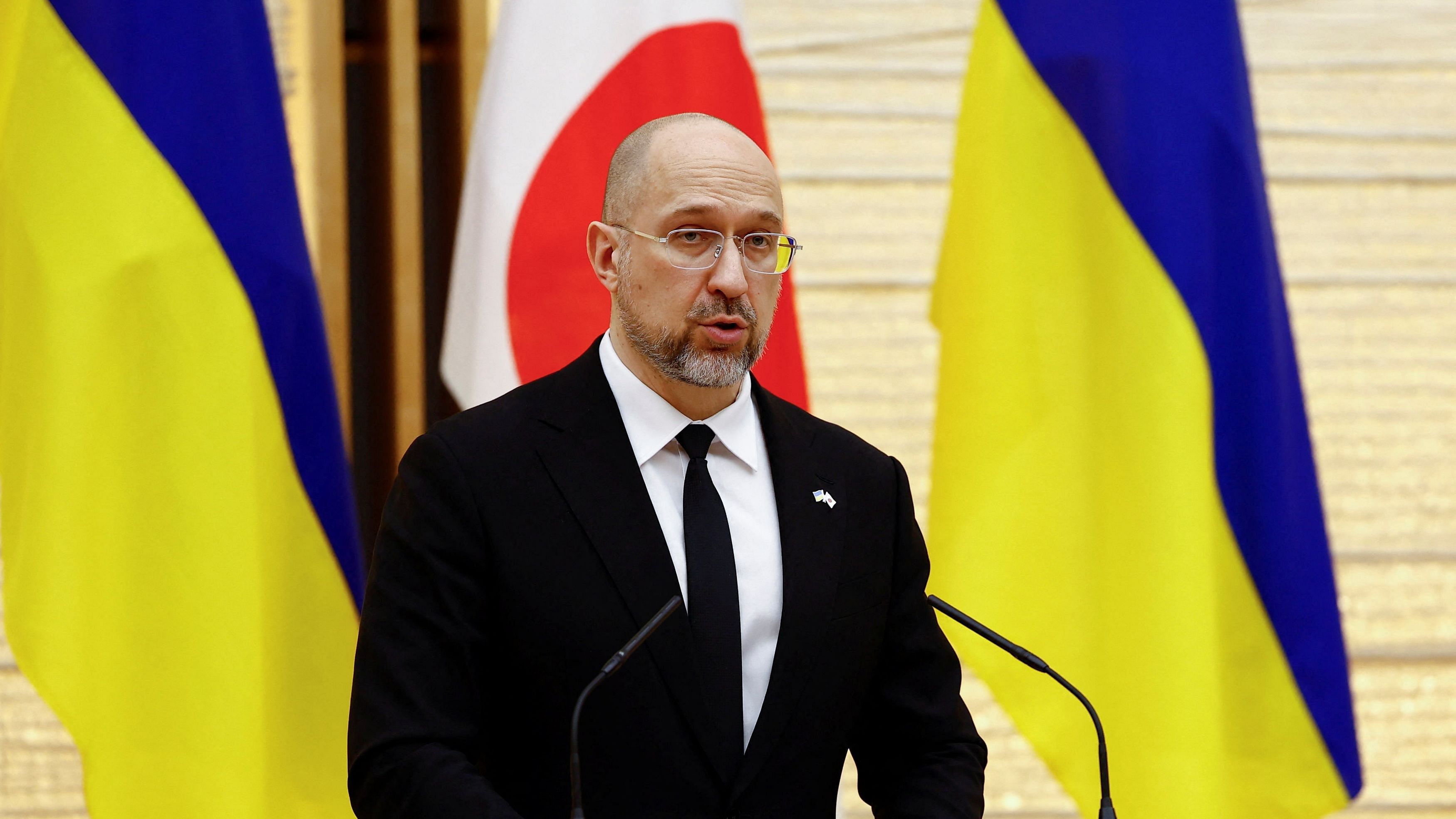 <div class="paragraphs"><p>Ukraine's Prime Minister Denys Shmyhal attends their joint press briefing with Japanese Prime Minister Fumio Kishida  after their joint press briefing as a part of the Japan-Ukraine Conference for Promotion of Economic Growth and Reconstruction at Kishida's official residence in Tokyo, Japan.</p></div>