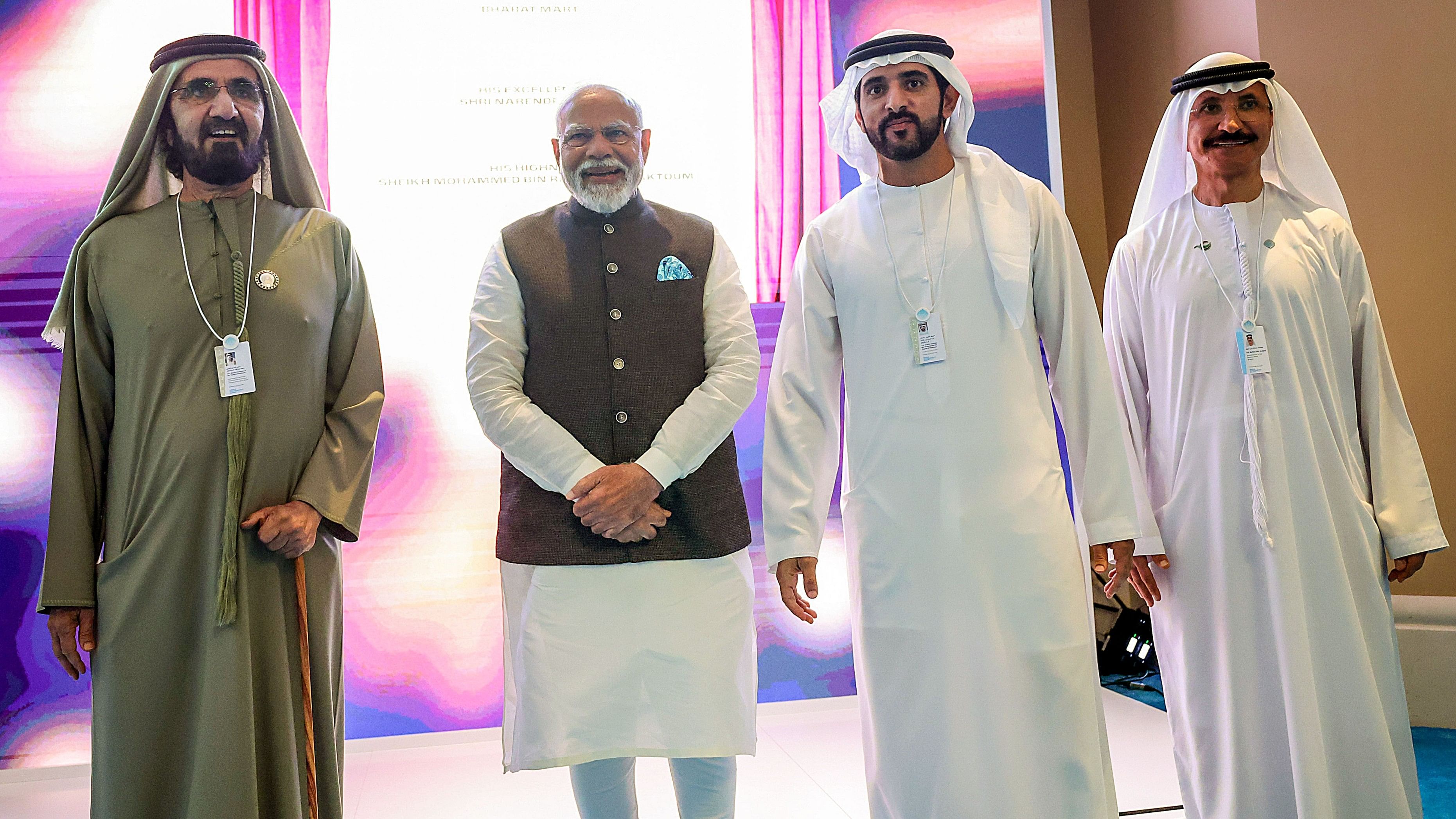 <div class="paragraphs"><p> Prime Minister Narendra Modi with Vice President and Prime Minister of the UAE and Ruler of Dubai Sheikh Mohammed bin Rashid Al Maktoum during the inauguration of 'Bharat Mart', a warehousing facility, in Dubai, UAE, Wednesday, February 14, 2024. </p></div>