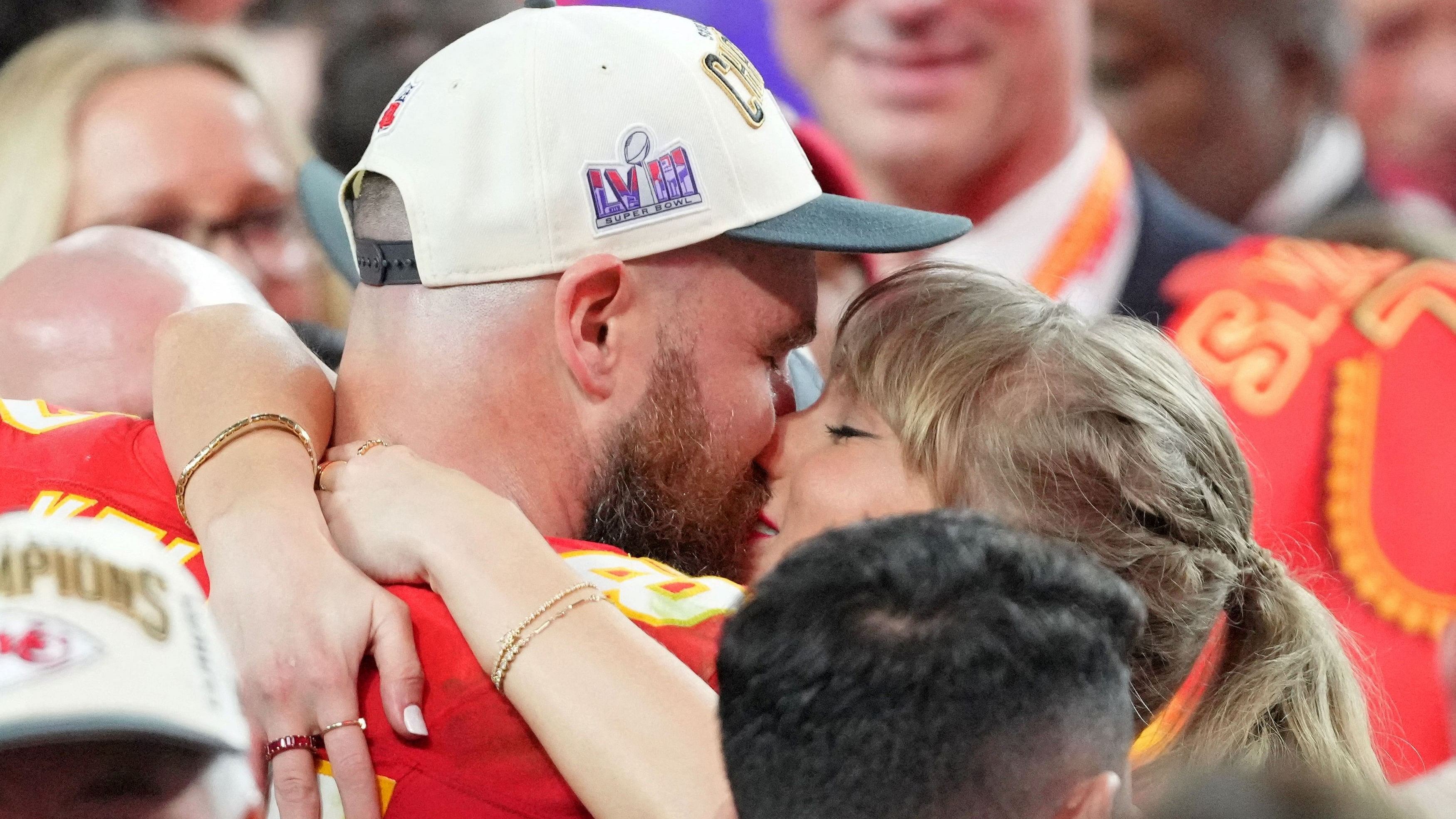 <div class="paragraphs"><p> Travis Kelce kisses  Taylor Swift after winning Super Bowl LVIII against the San Francisco 49ers at Allegiant Stadium.&nbsp;</p></div>