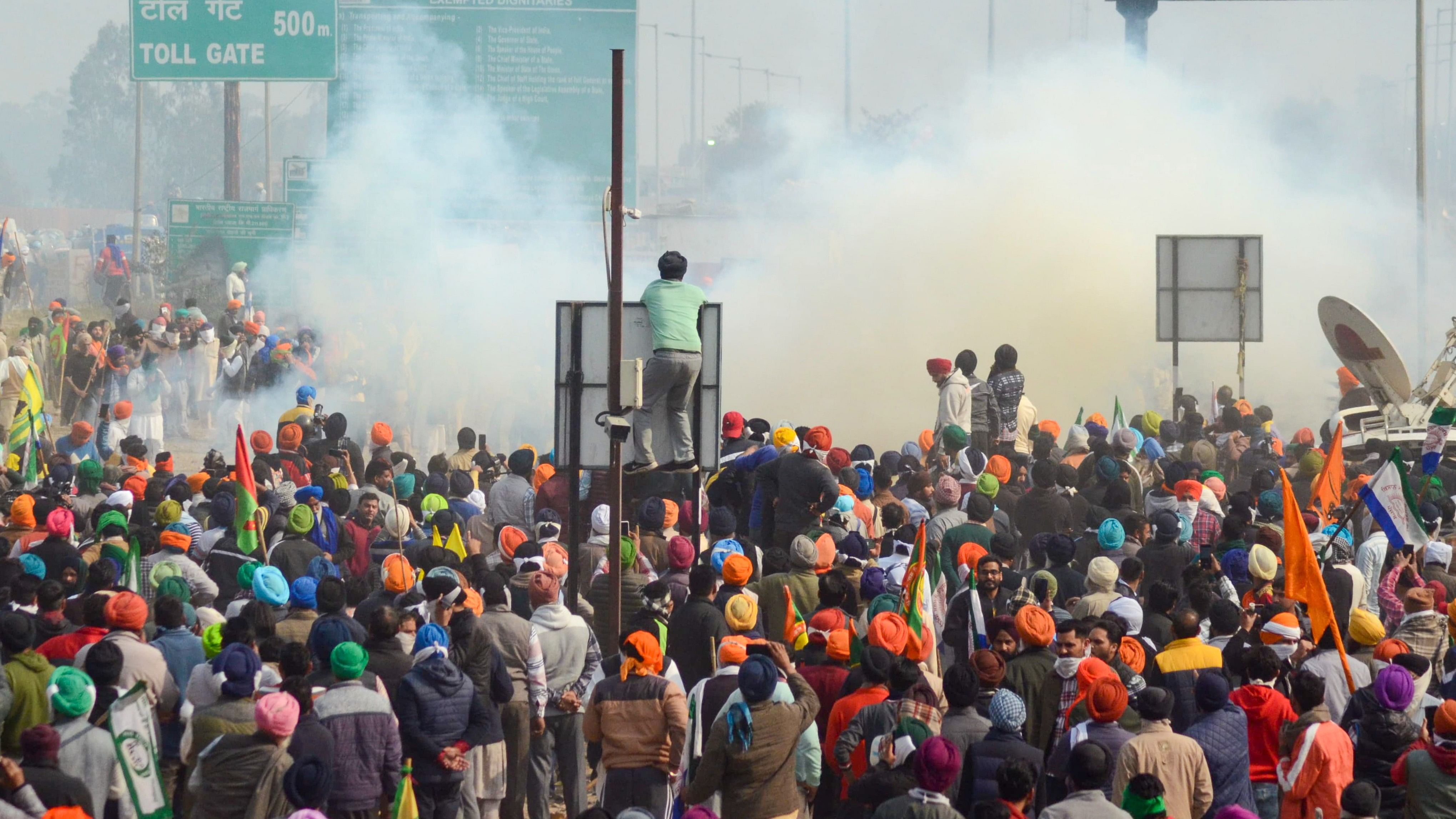 <div class="paragraphs"><p>Police use tear gas to disperse farmers gathered at the Punjab-Haryana Shambhu border during their 'Delhi Chalo' march, in Patiala district, Tuesday, February 13, 2024. </p></div>