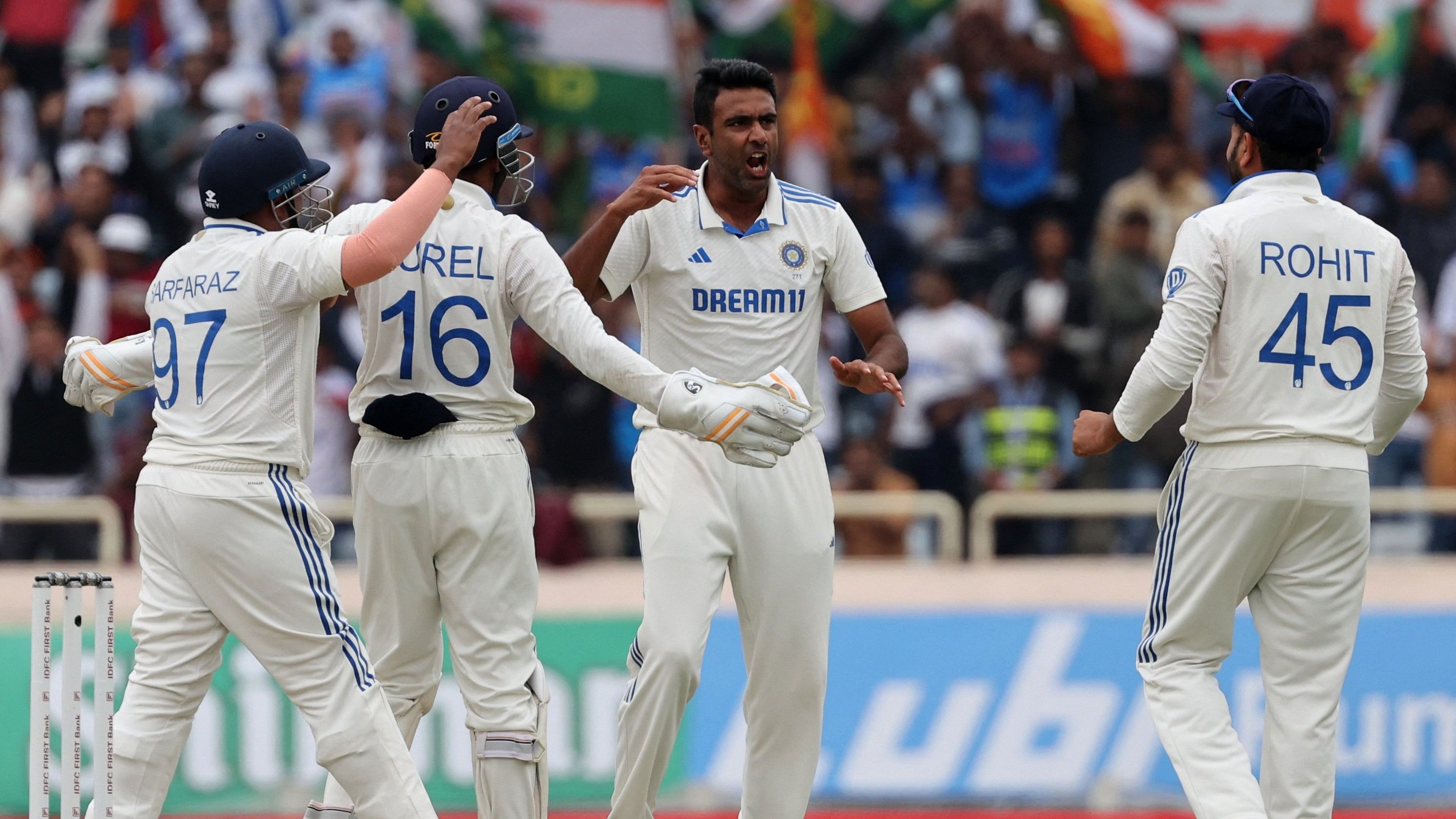 India's R Ashwin celebrates with team-mates after dismissing England's Ollie Pope on the third day of the fourth Test in Ranchi pn Sunday. Reuters