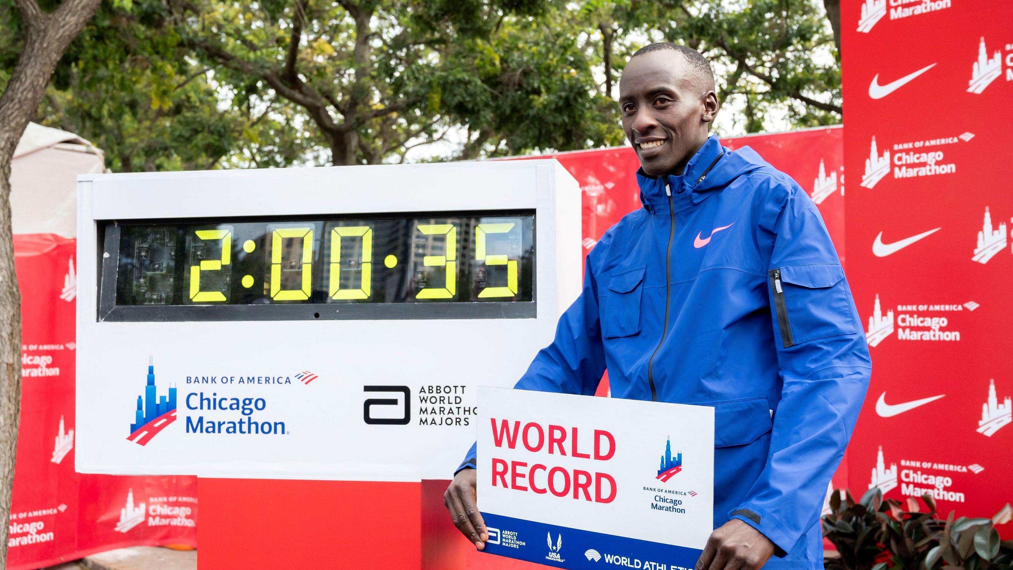 <div class="paragraphs"><p>In this file picture, Kelvin Kiptum  celebrates after finishing in a world record time of 2:00:35 to win the Chicago Marathon at Grant Park. </p></div>