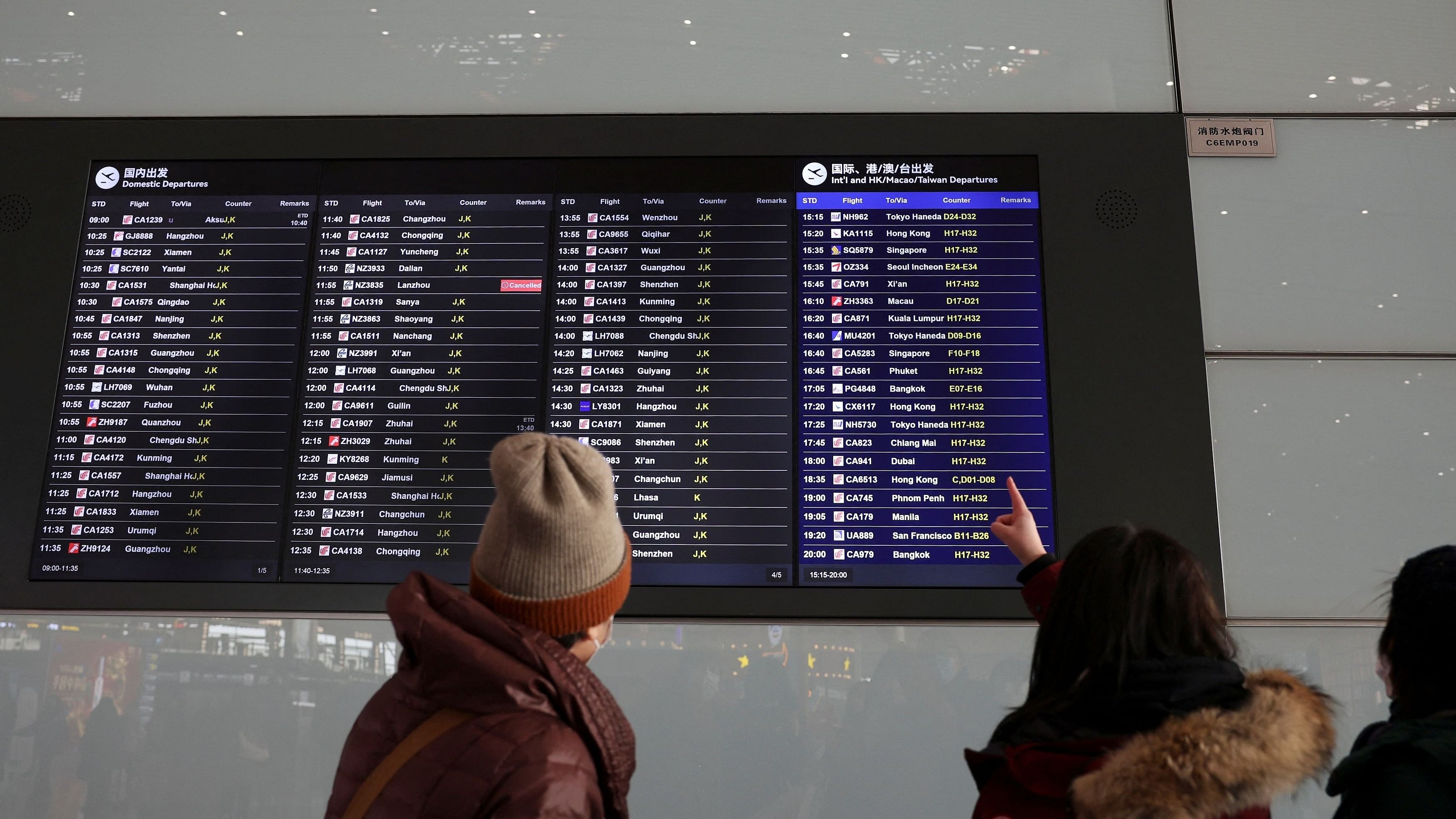 <div class="paragraphs"><p>Travellers check departure flights information on a display at the Beijing Capital International Airport, during the Spring Festival travel rush ahead of the Chinese Lunar New Year, in Beijing, China. </p></div>