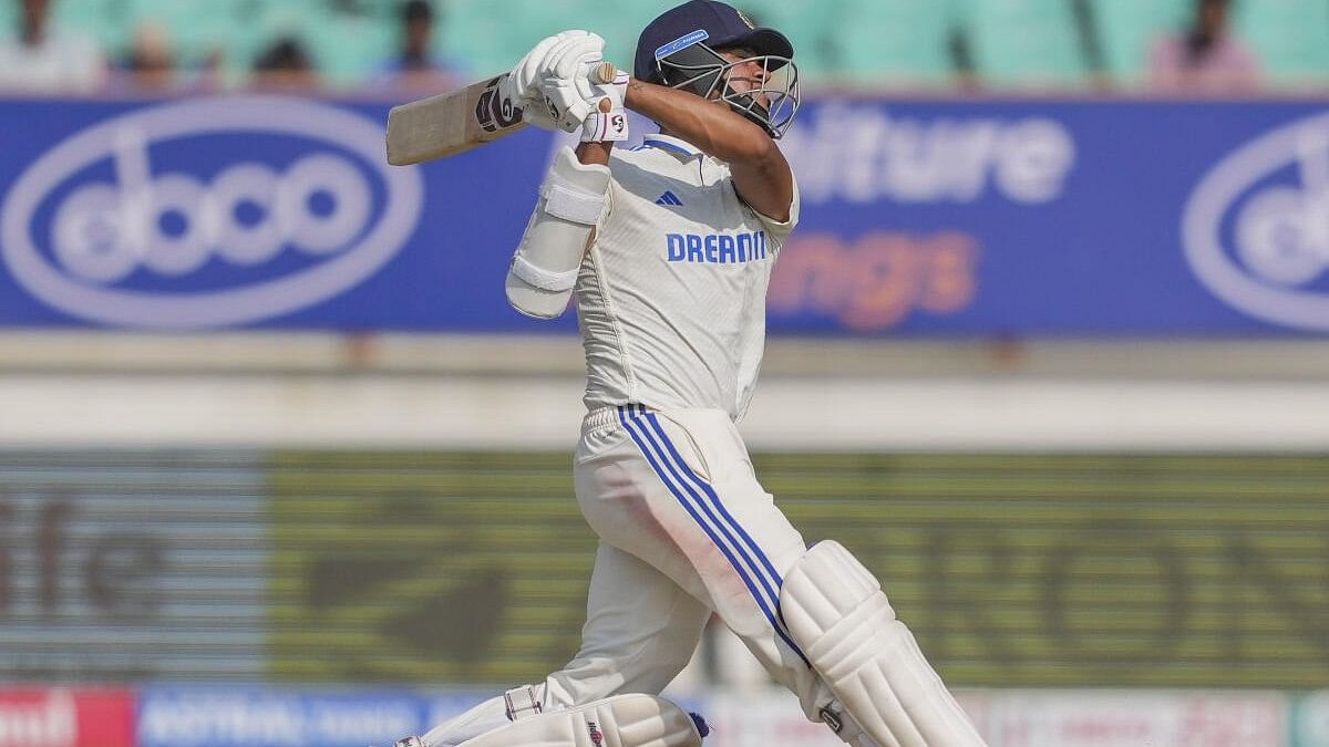 <div class="paragraphs"><p>Yashasvi Jaiswal plays a shot on the third day of the third test cricket match between India and England, at the Niranjan Shah Stadium, in Rajkot.</p></div>