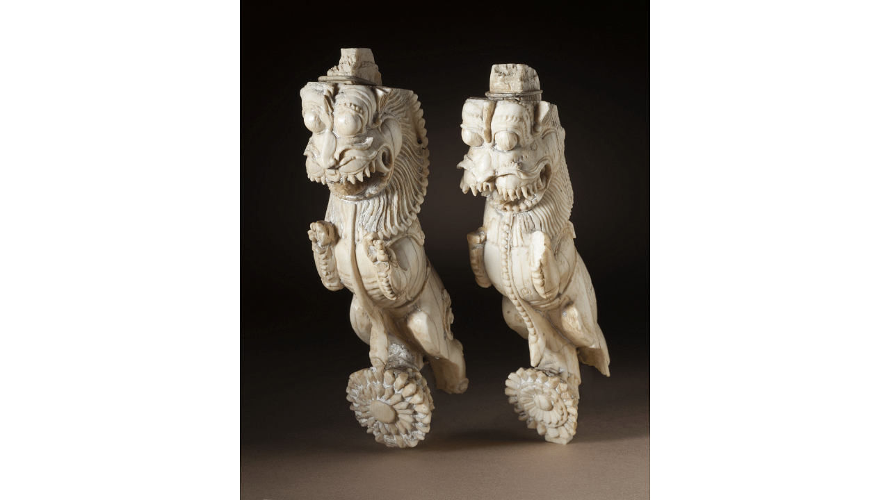 <div class="paragraphs"><p>A pair of architectural brackets in the form of rampant leonine creatures (yali or vyala), from a processional mandapa, Madurai, 17th century, ivory with traces of paint.&nbsp;</p></div>