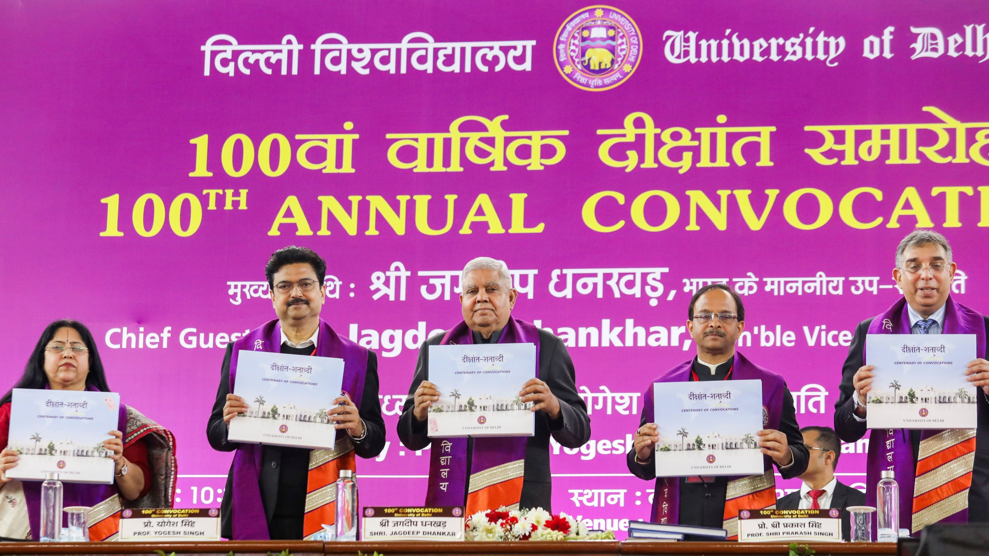 <div class="paragraphs"><p>Vice President Jagdeep Dhankhar with Delhi University Vice-Chancellor Yogesh Singh during the 100th convocation of the University, in New Delhi, Saturday, Feb. 24, 2024.</p></div>