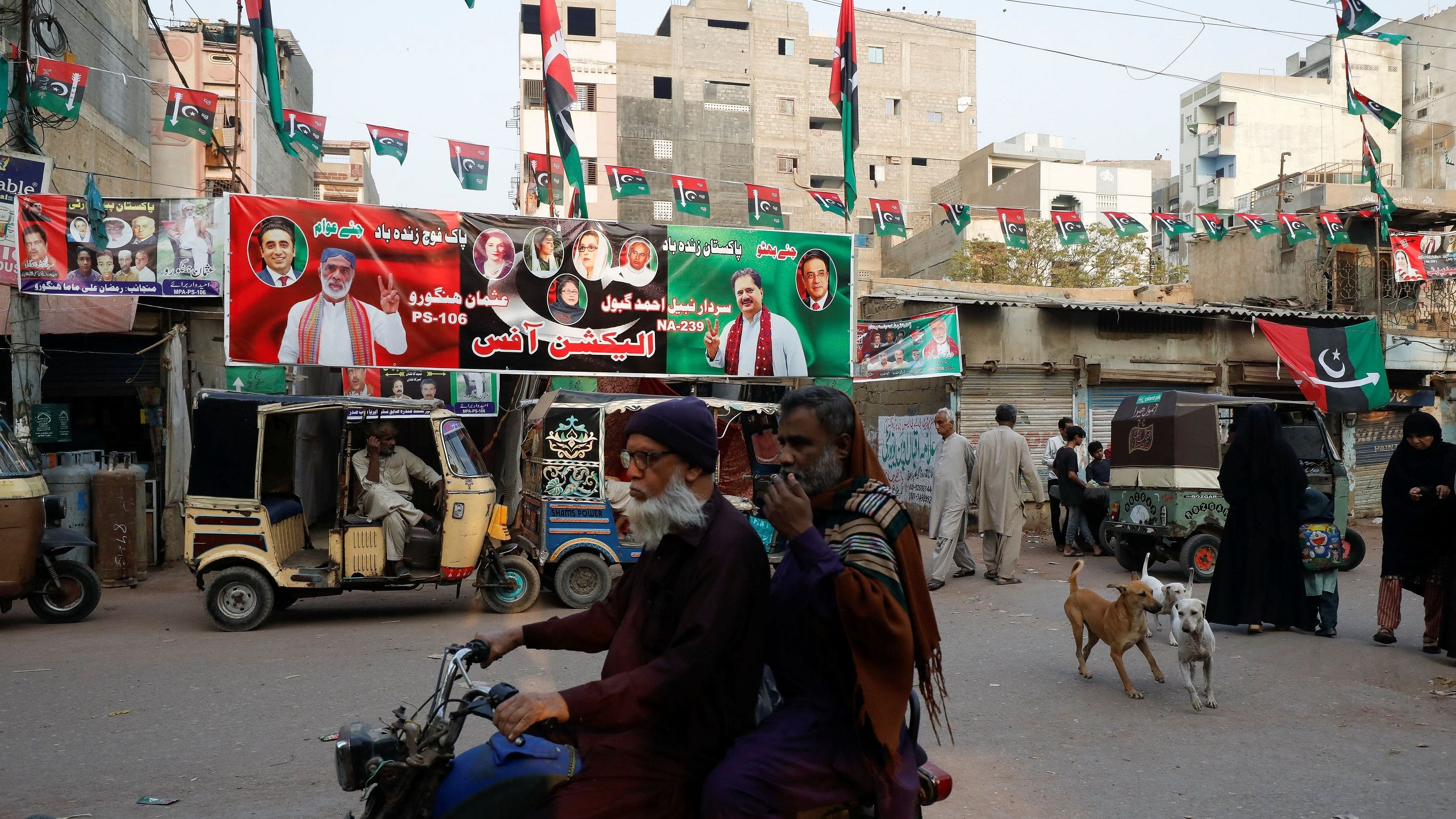 <div class="paragraphs"><p>A view of a makeshift office decorated with campaign posters of a political party, ahead of general elections, in Karachi, Pakistan</p></div>